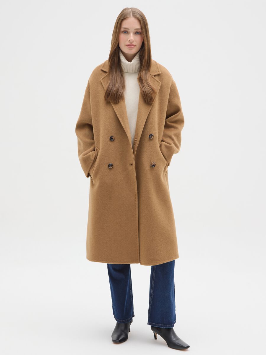 Brown wool blend regular fit coat with buttons_1