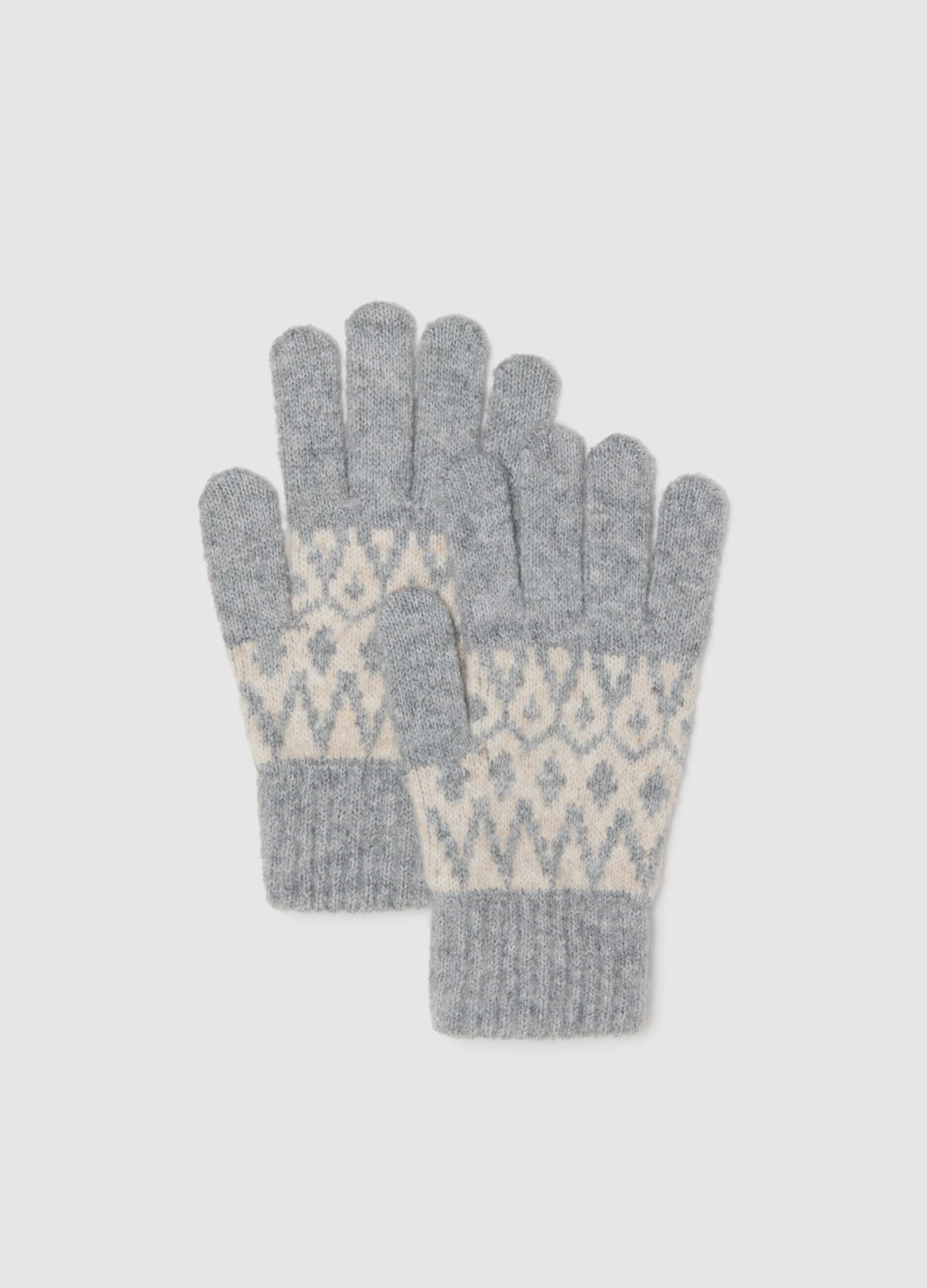 Grey gloves with white geometric pattern