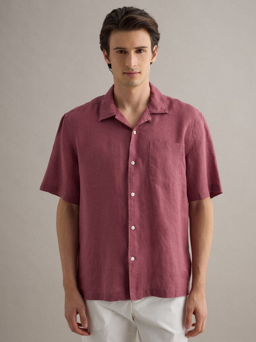 Camicia a maniche corte in puro lino rosa regular fit con taschino_1