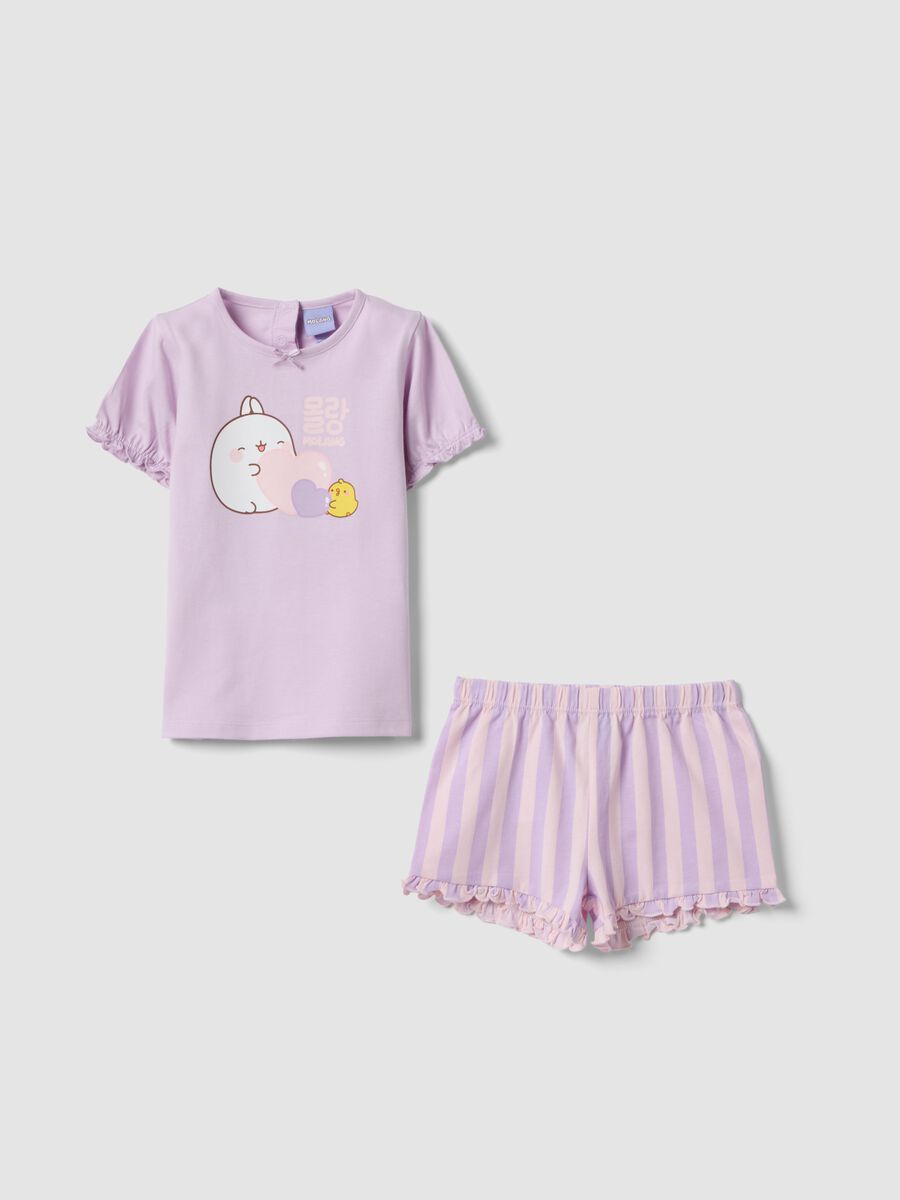 Pigiama rosa in cotone organico con pantaloncini a righe_0