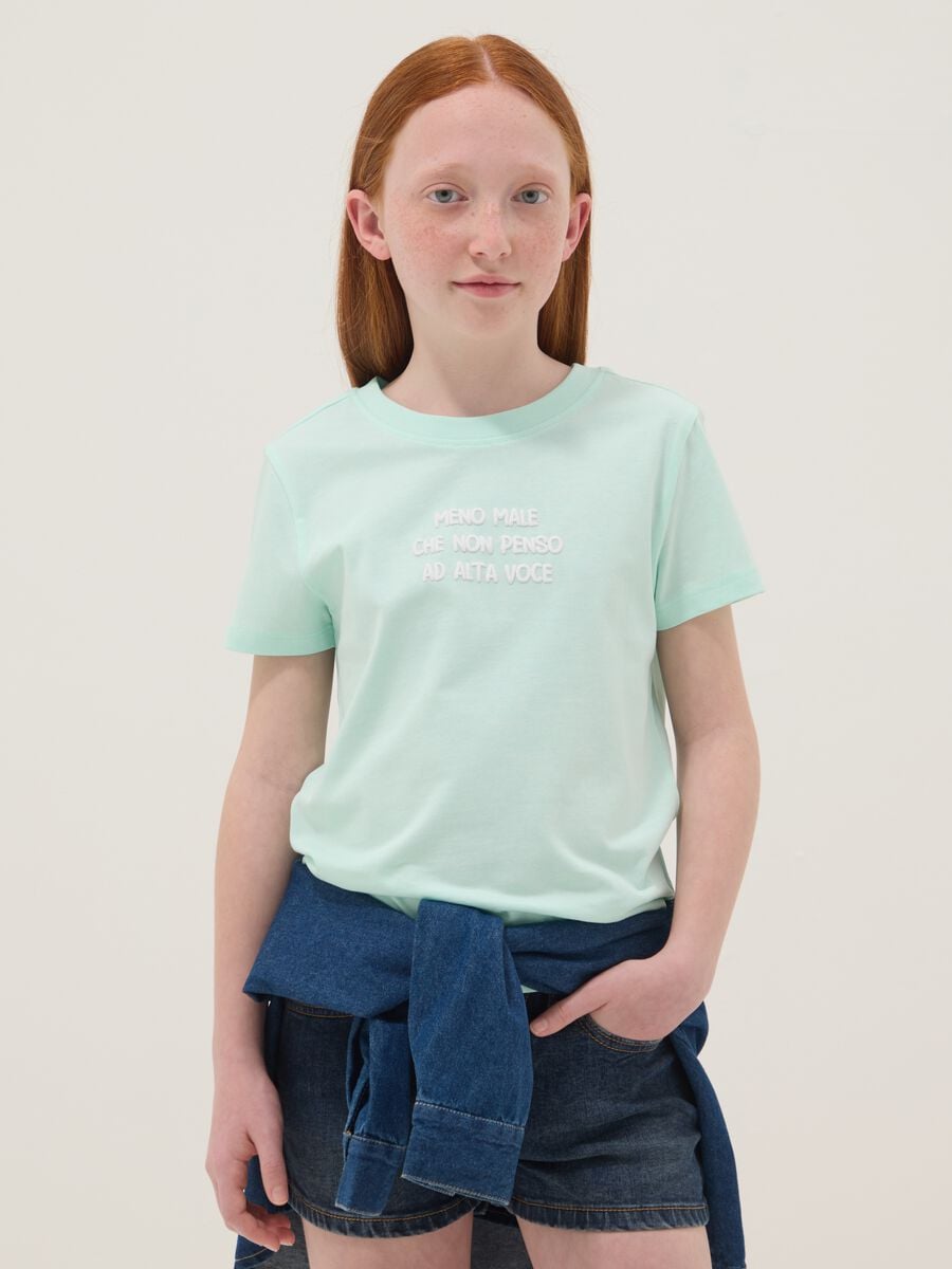 Girl's light blue pure cotton T-shirt regular fit with slogan_0