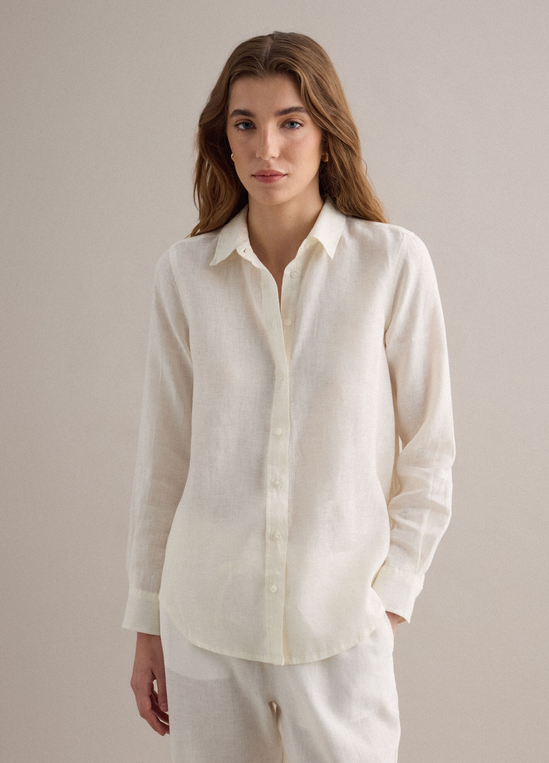 Regular fit pure white linen shirt