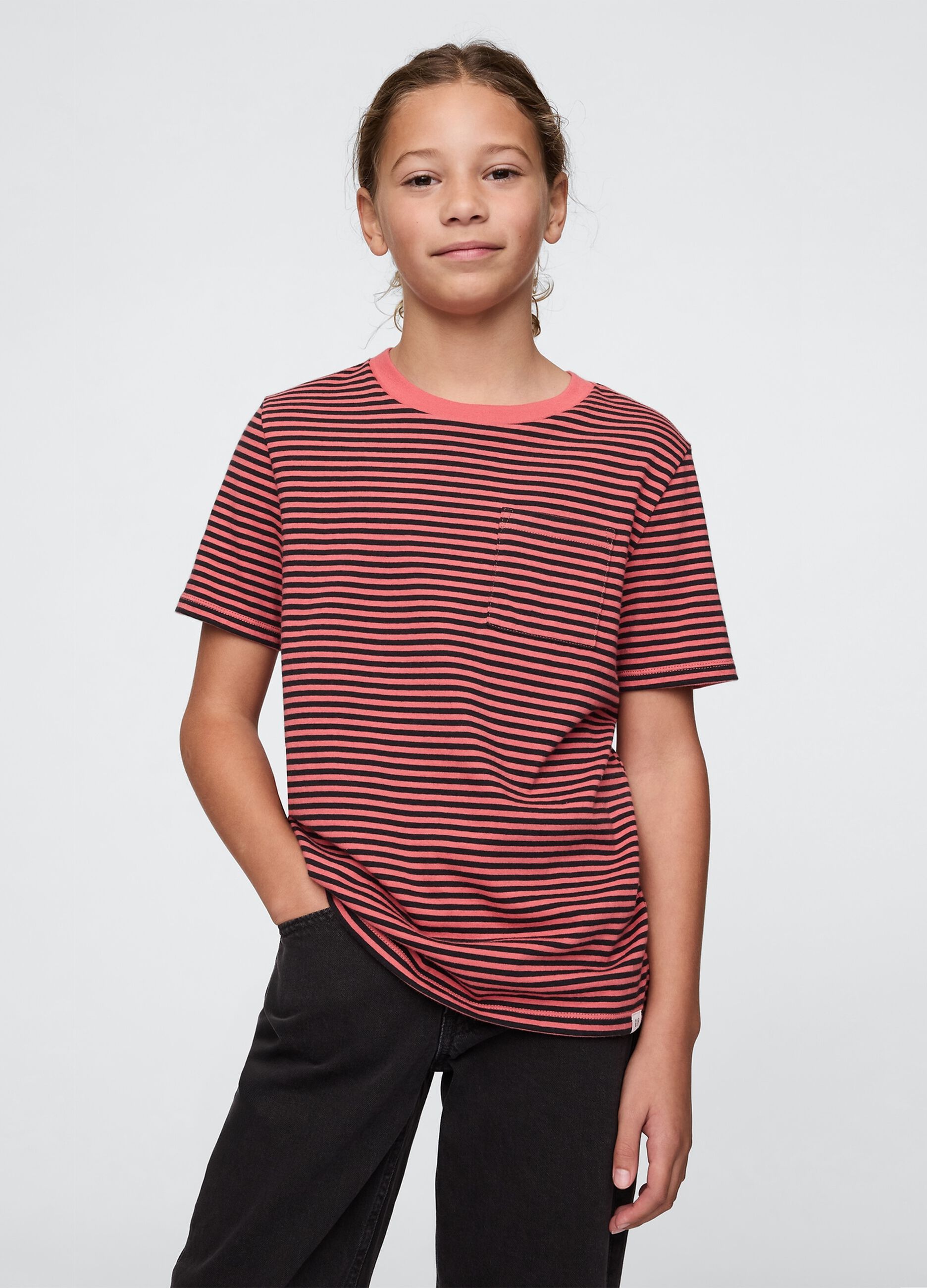 Red and black striped T-shirt with pocket