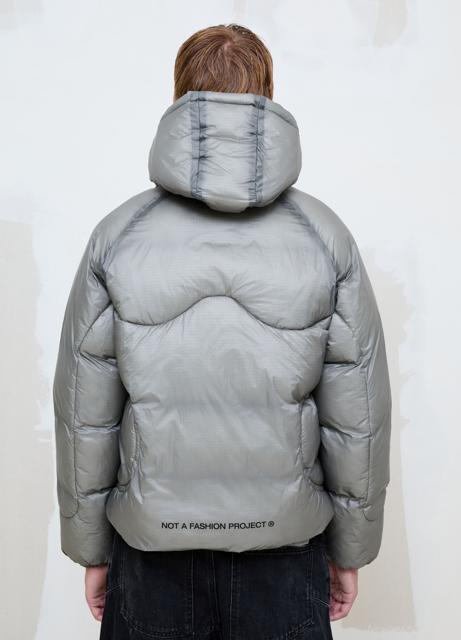 Nylon Ripstop Hooded Puffer Jacket in Grey