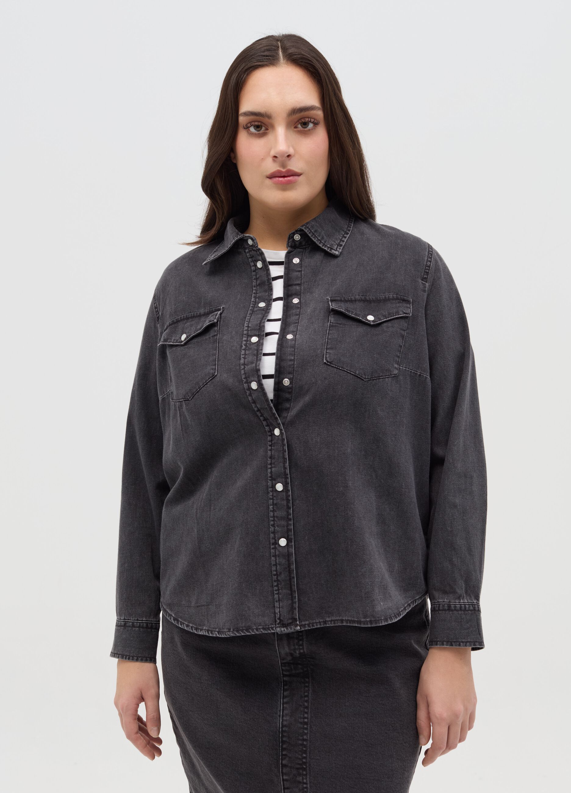 Camicia western in denim con bottoni perlati Curvy