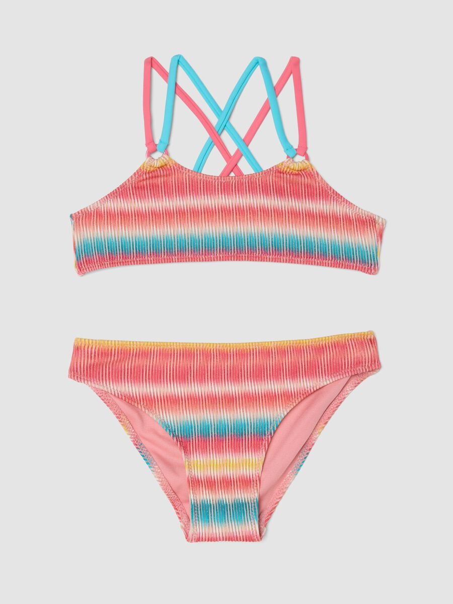 Bikini a righe multicolor in tessuto elasticizzato per bambina_0