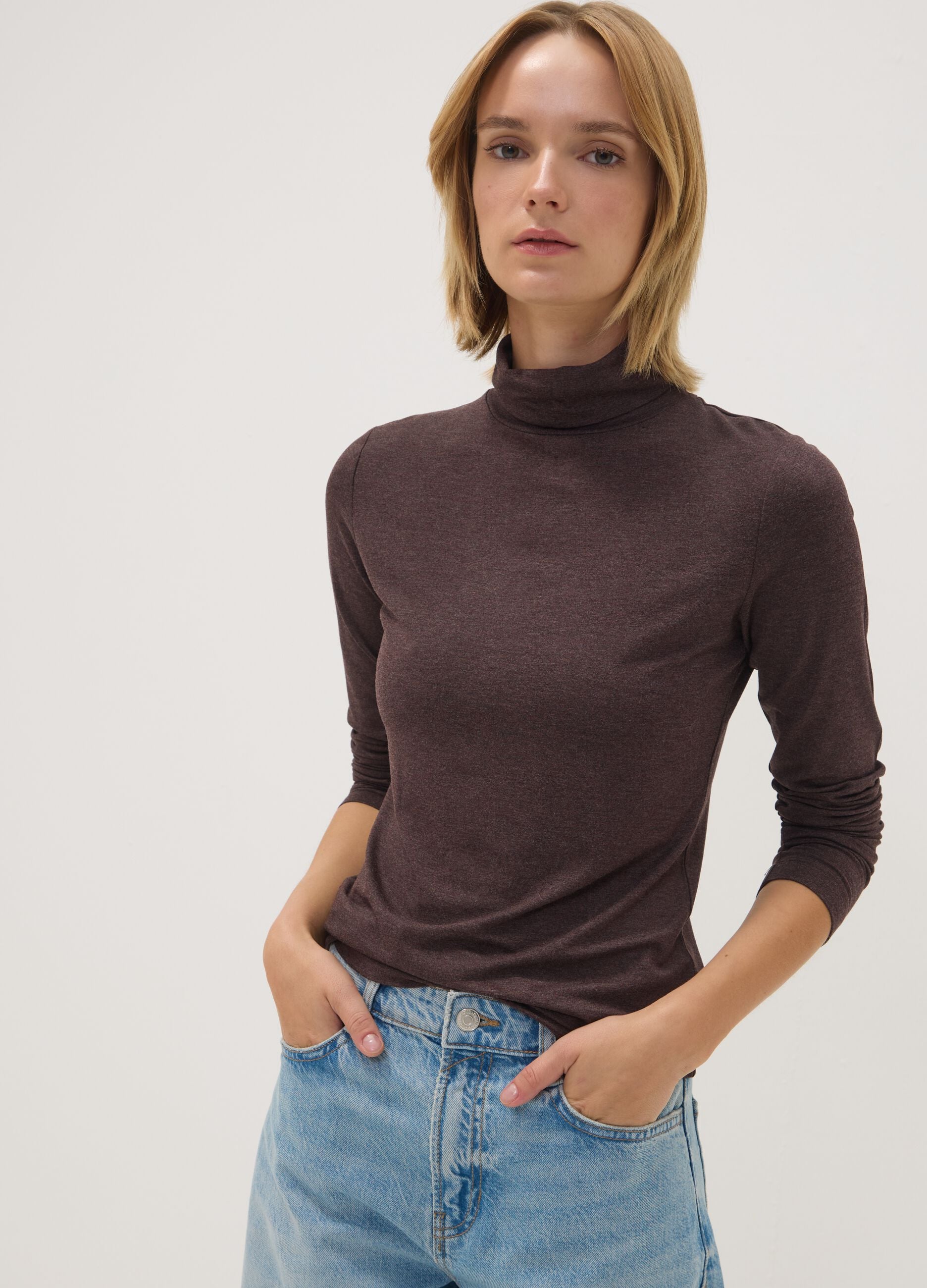 Brown stretch viscose top with mock neck, regular fit