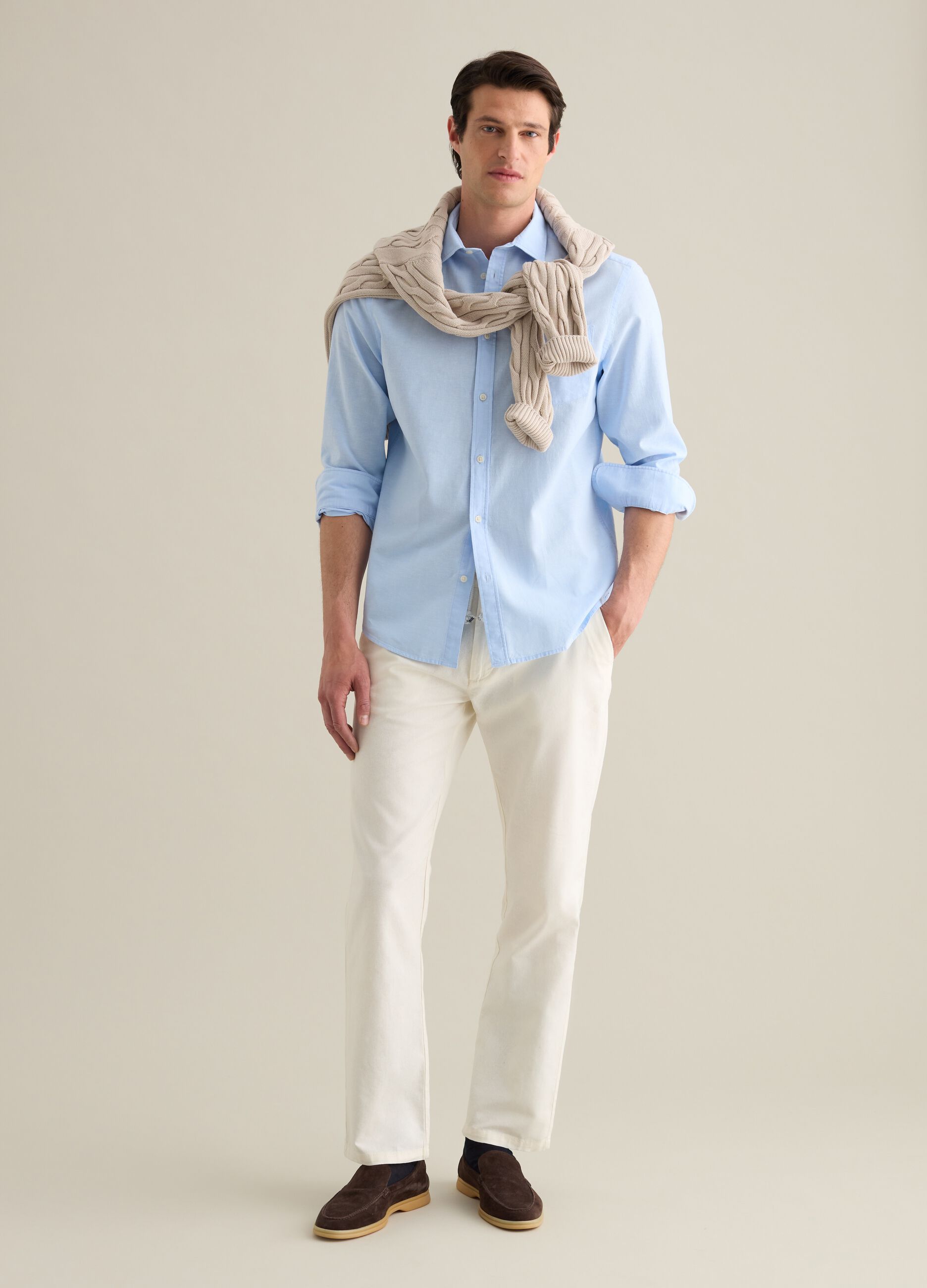 Men's beige regular fit linen blend trousers