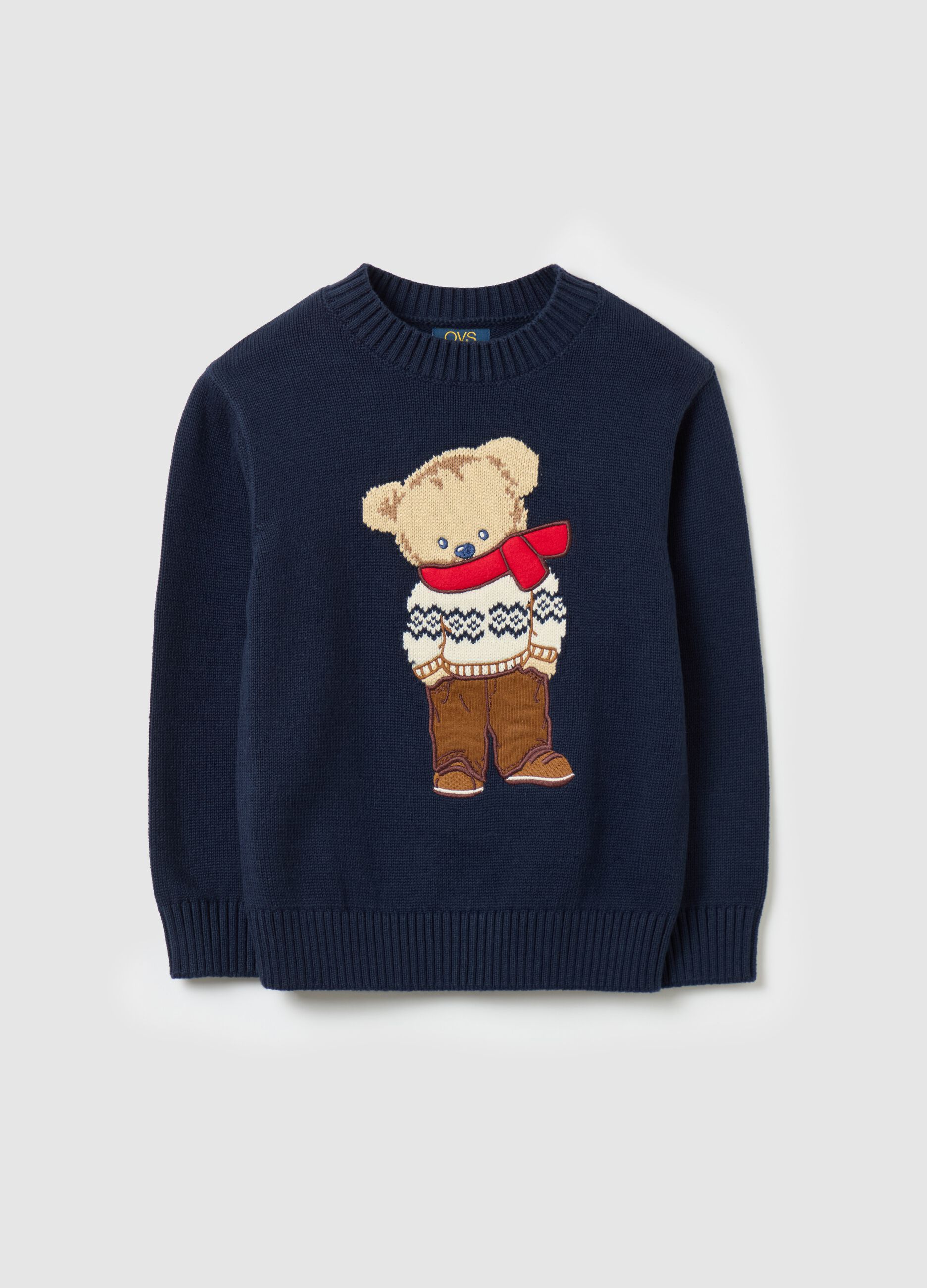 Cotton pullover with jacquard teddy bear design