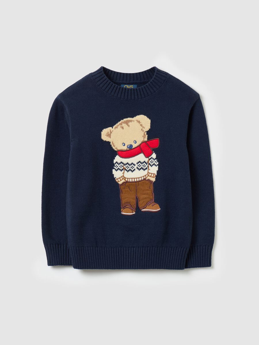 Cotton pullover with jacquard teddy bear design_0