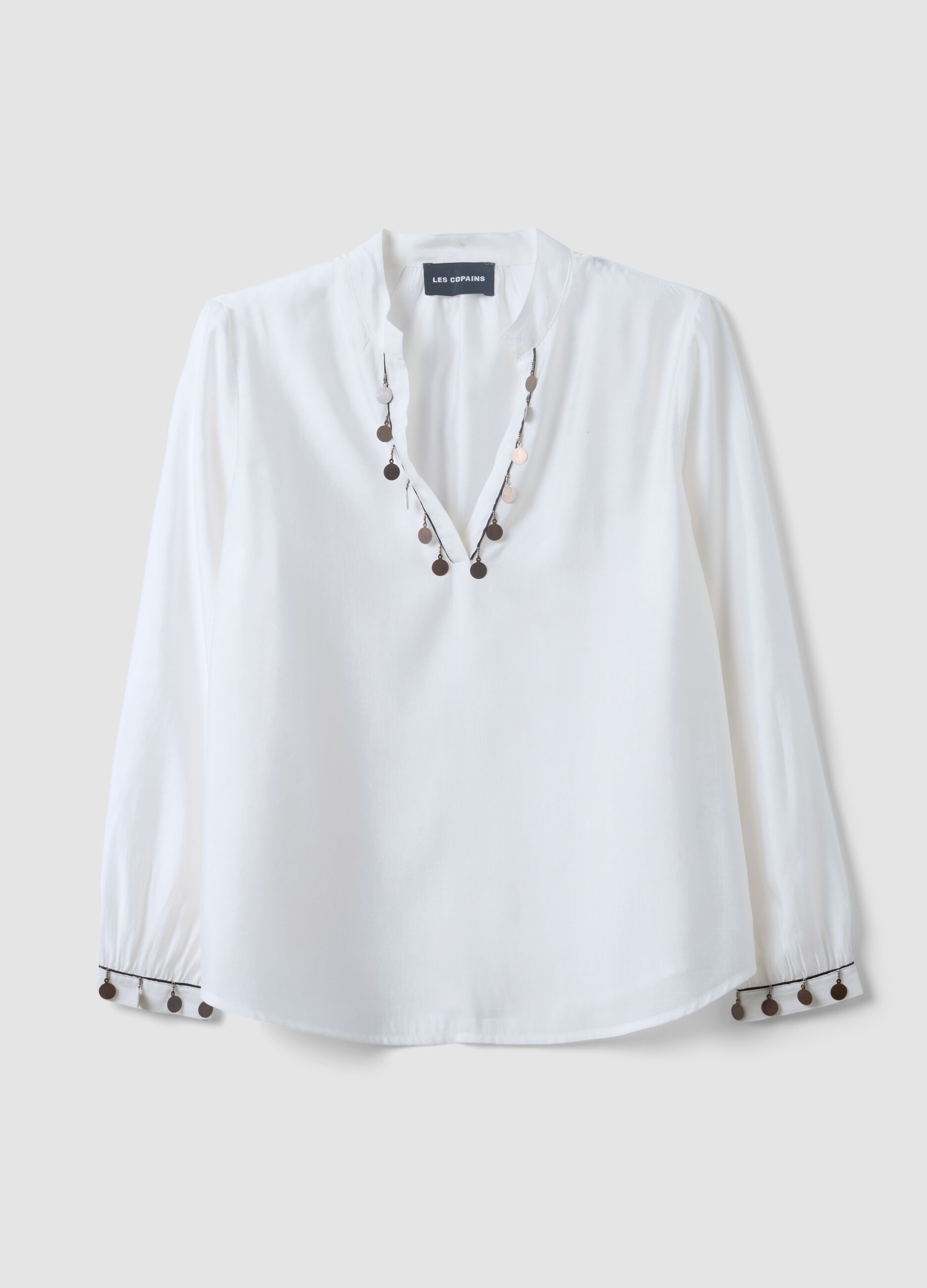 White viscose-blend shirt with charms and V-neck regular fit