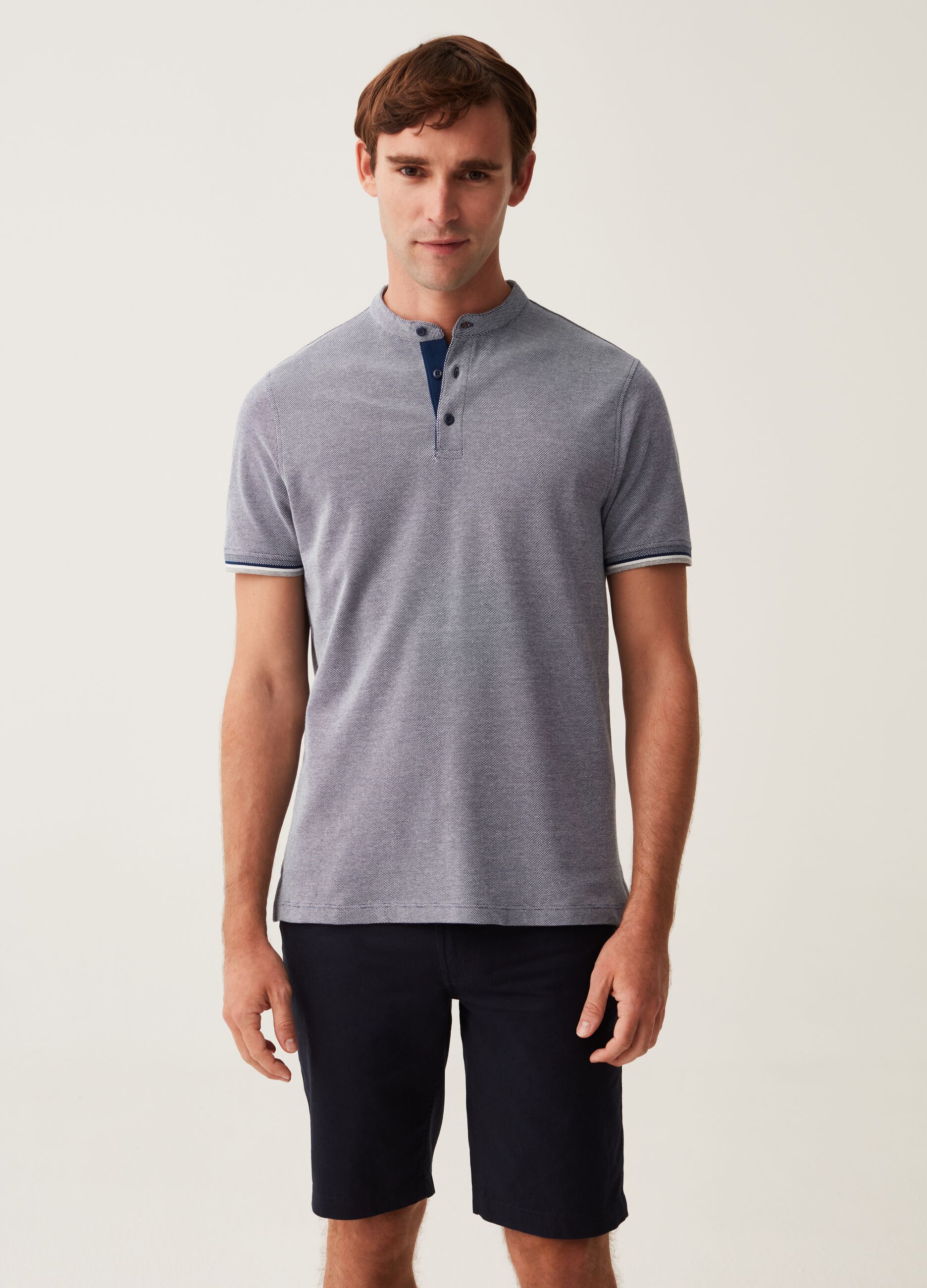 Polo con trama jacquard collo alla coreana_0