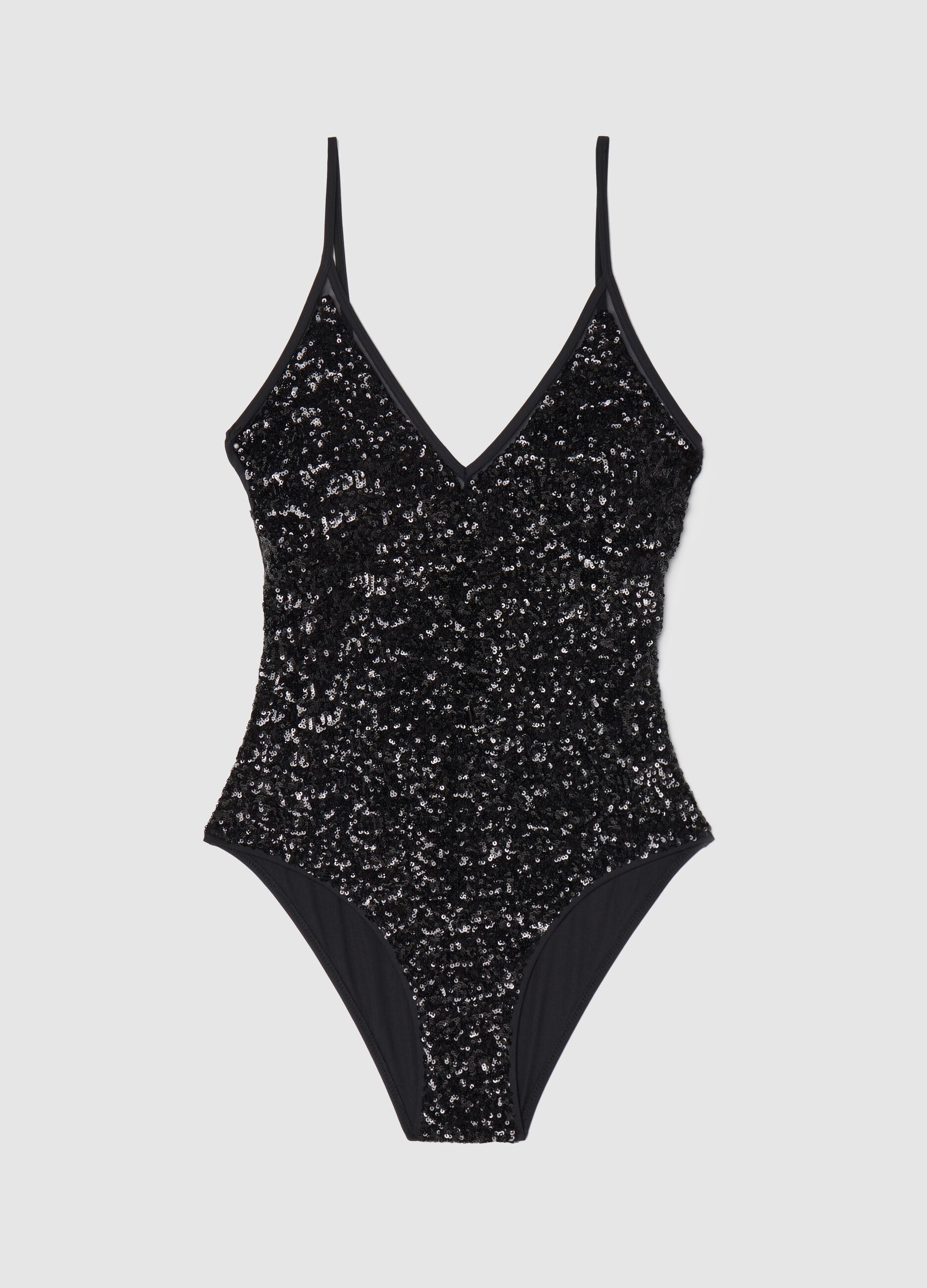 Black one-piece swimsuit with sequins
