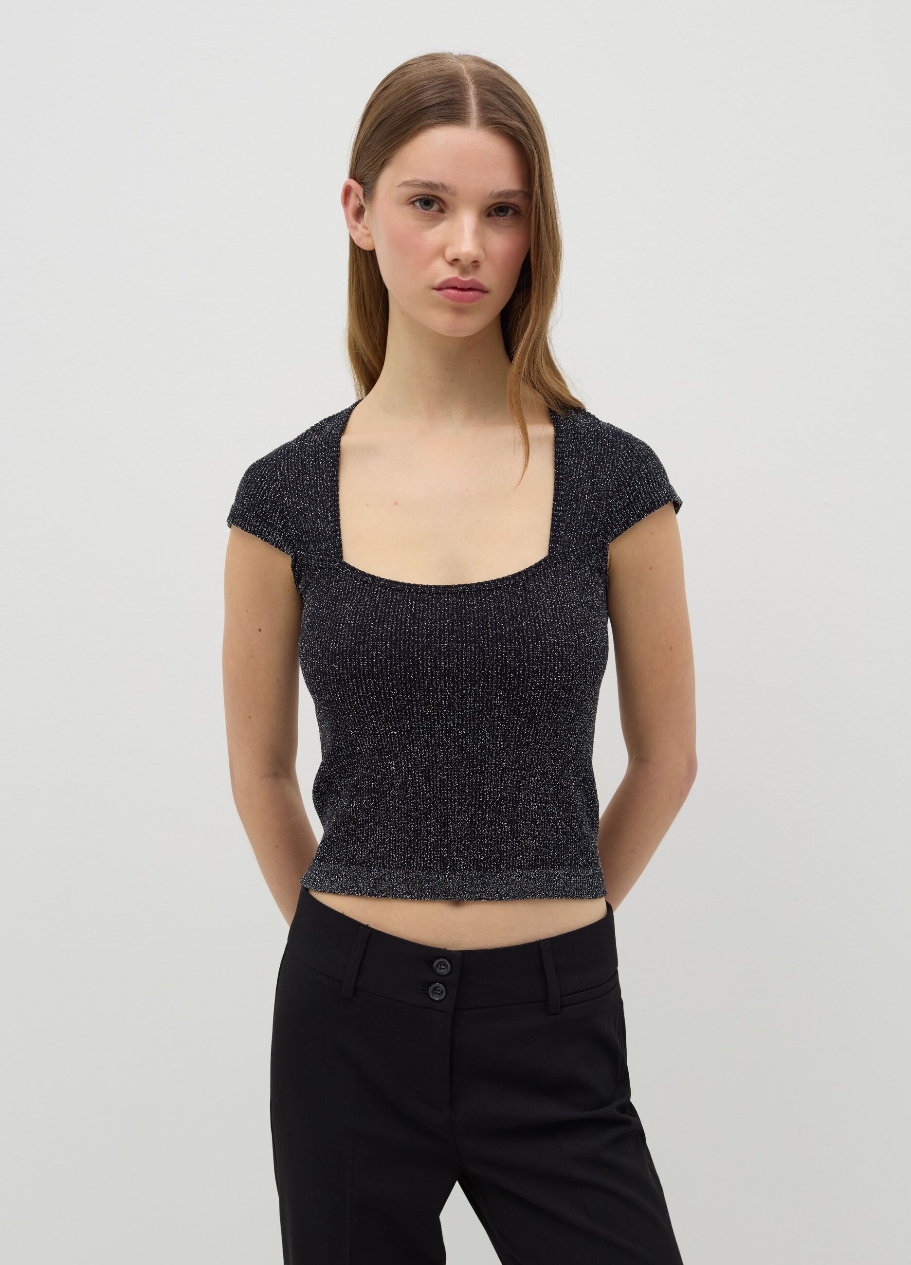 Lurex T-shirt with square neck