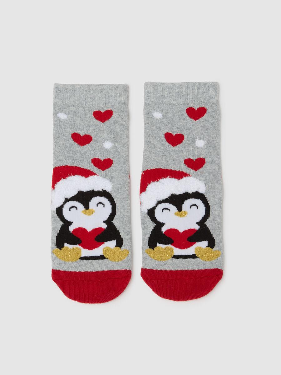 Calze da bambina in misto cotone grigie con stampa natalizia_1