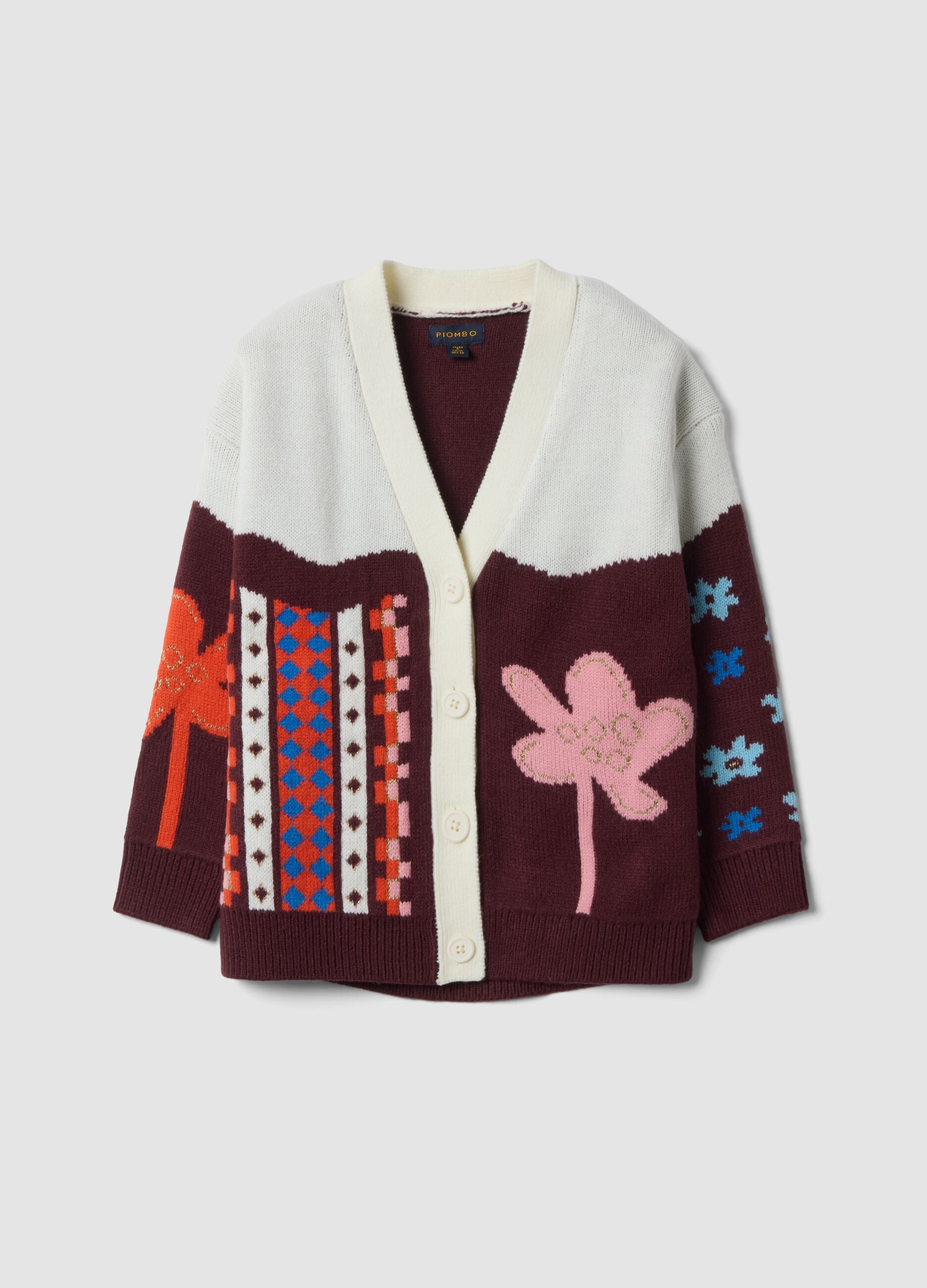 Multicolour knitted cardigan with deep V-neck