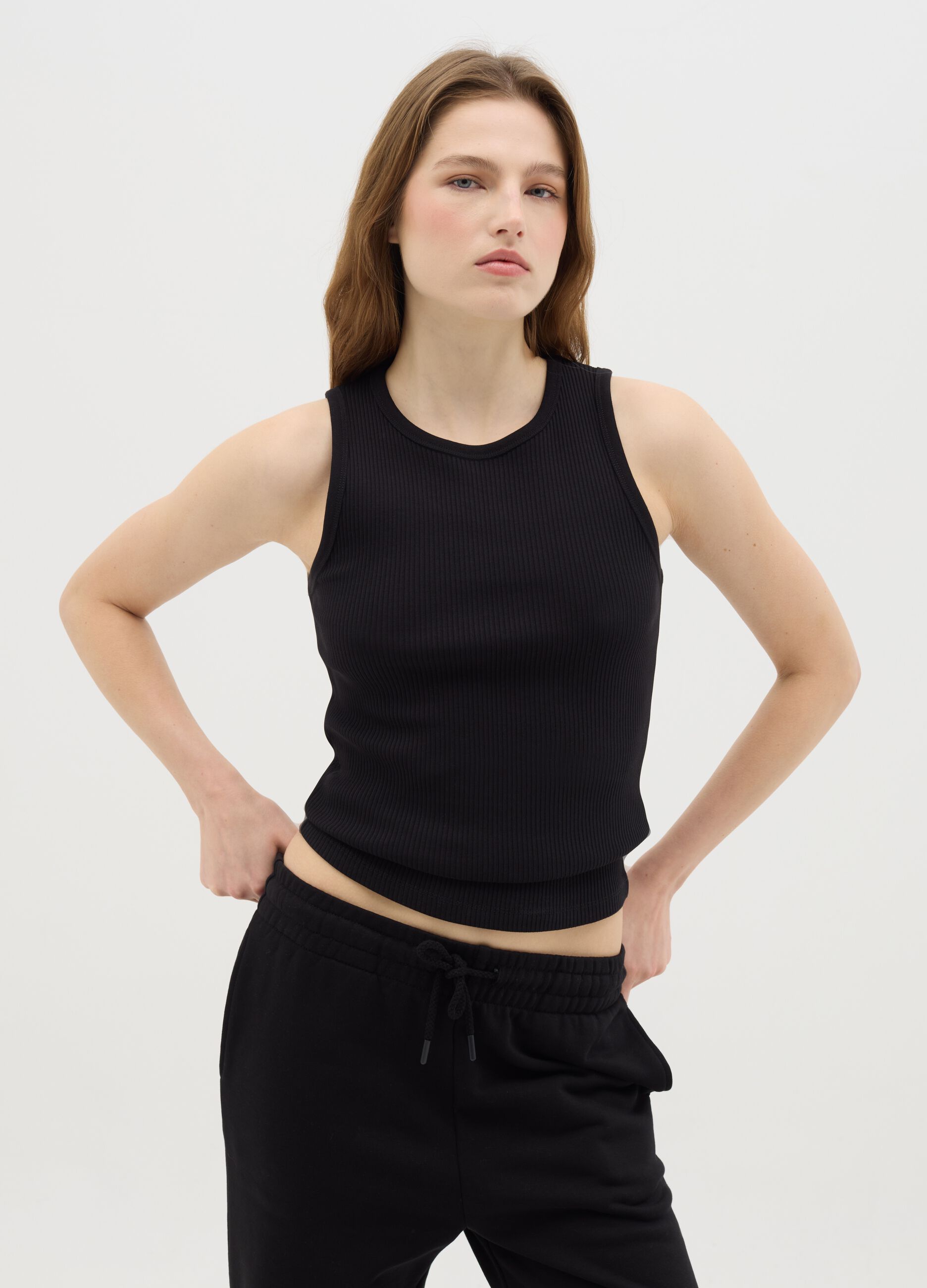 Black stretch cotton tank top by Ovs