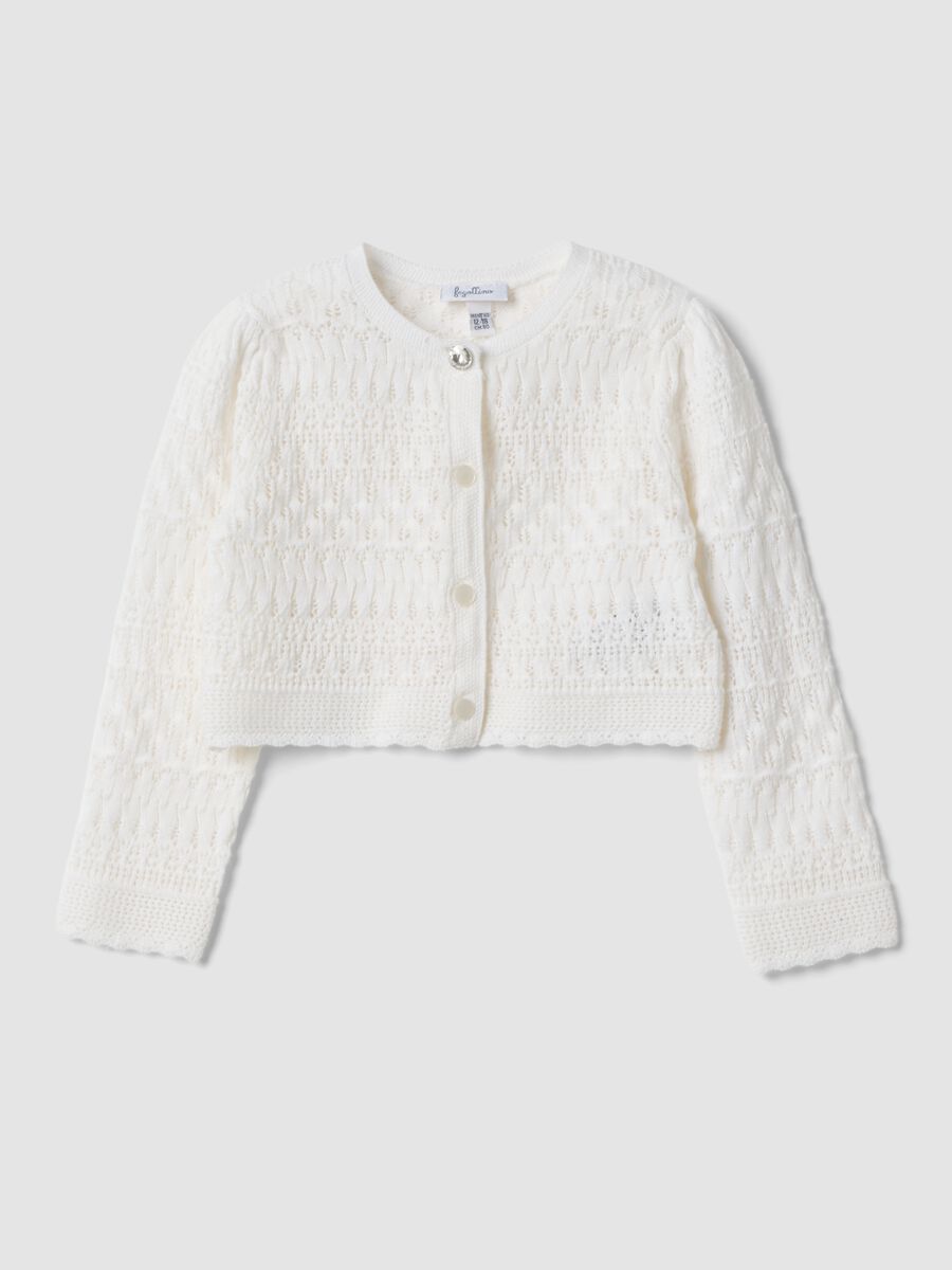White fitted pure cotton knitted cardigan for baby girl_0
