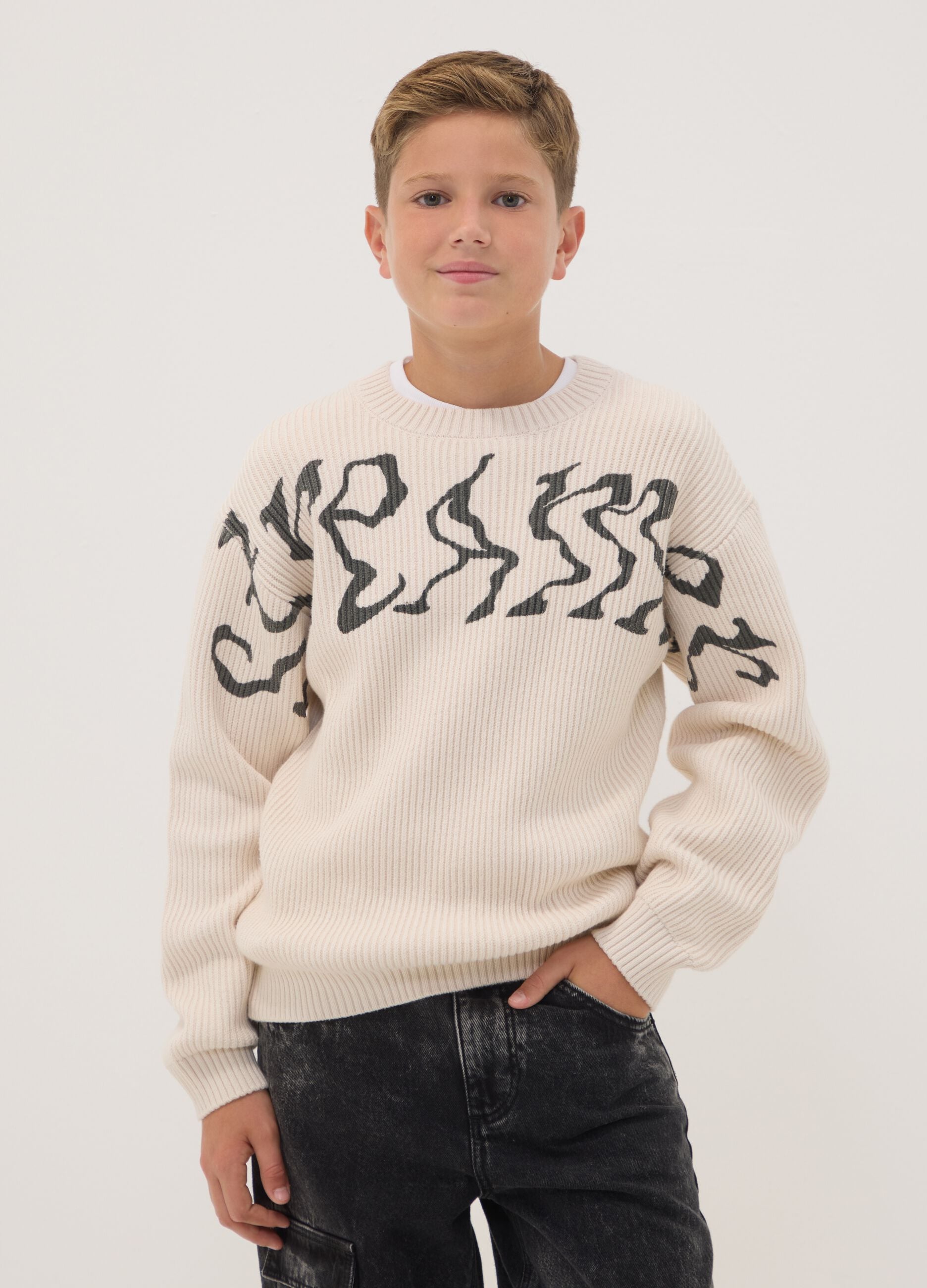 Beige oversized cotton-blend ribbed crew-neck top for boys