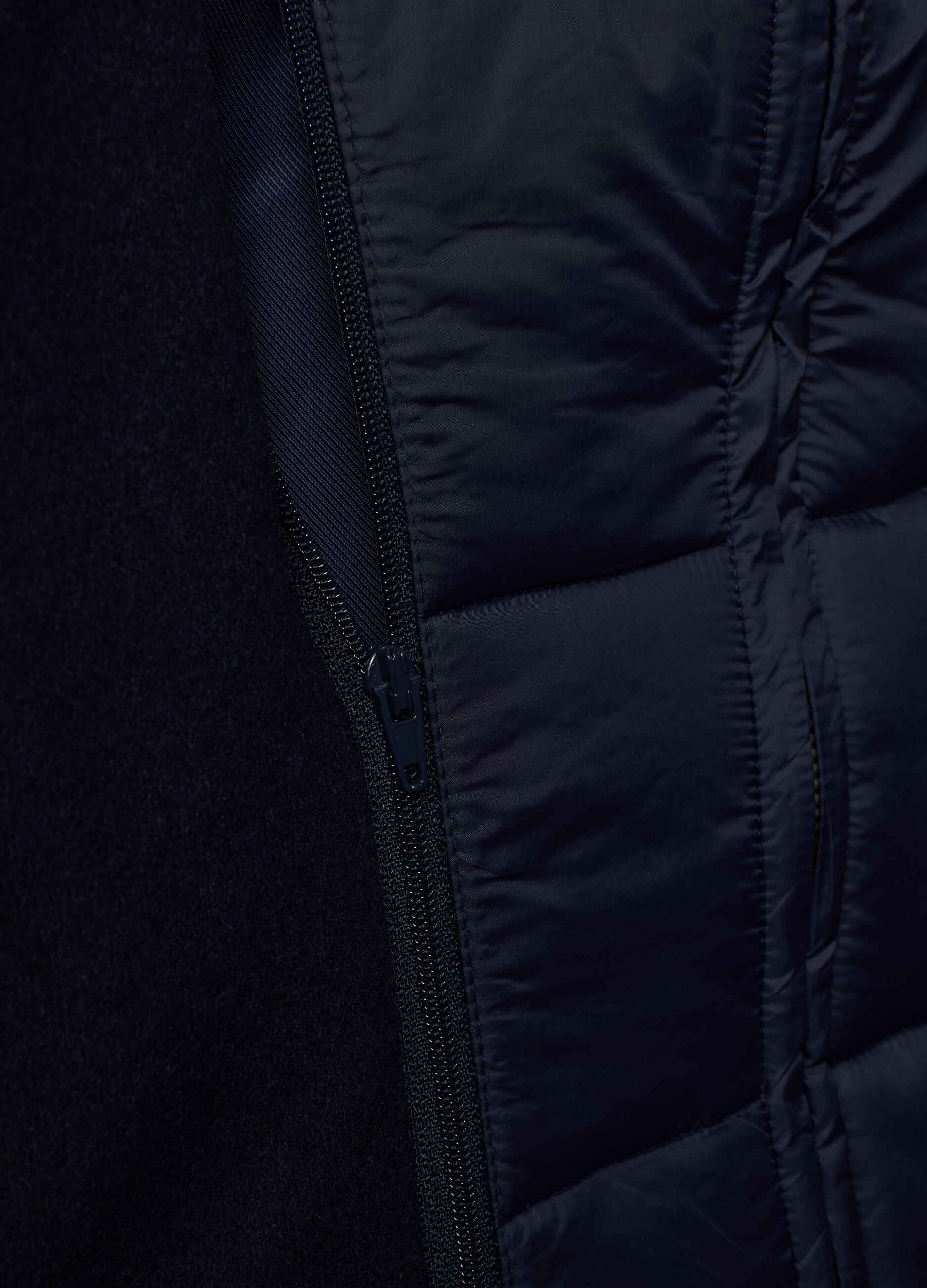 Navy blue wool-blend coat with detachable hood