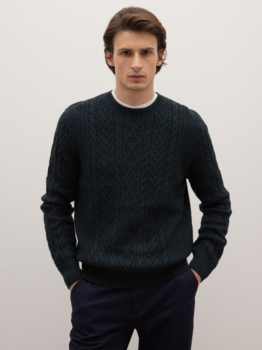 Blue crew neck jumper with regular fit jacquard pattern_0