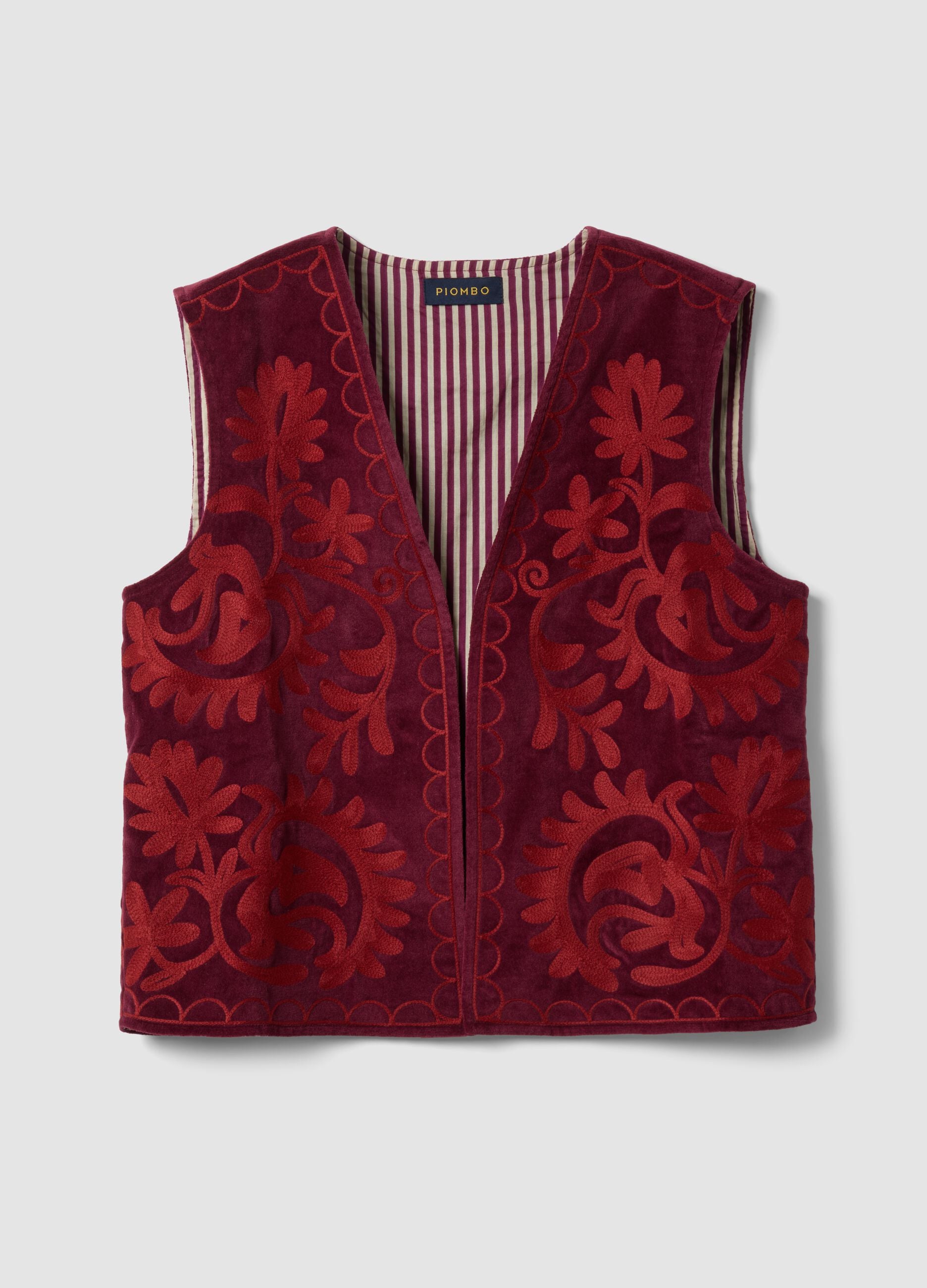 Gilet rosso in puro cotone con ricami floreali