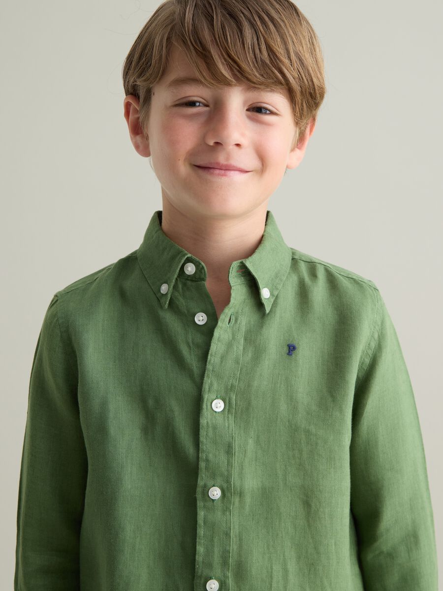Green linen shirt with logo embroidery_1