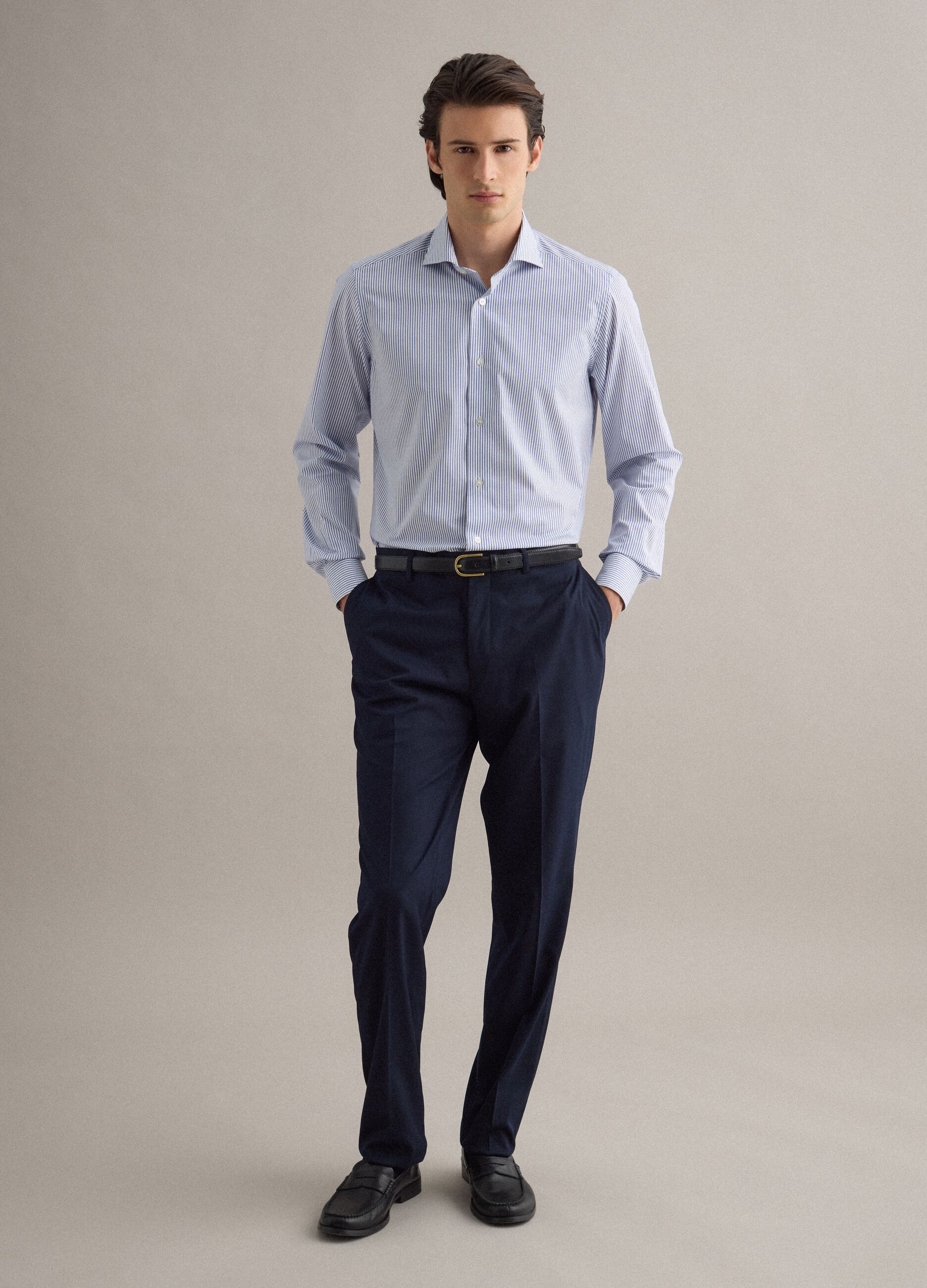 Camicia in puro cotone a righe bianche e blu slim fit