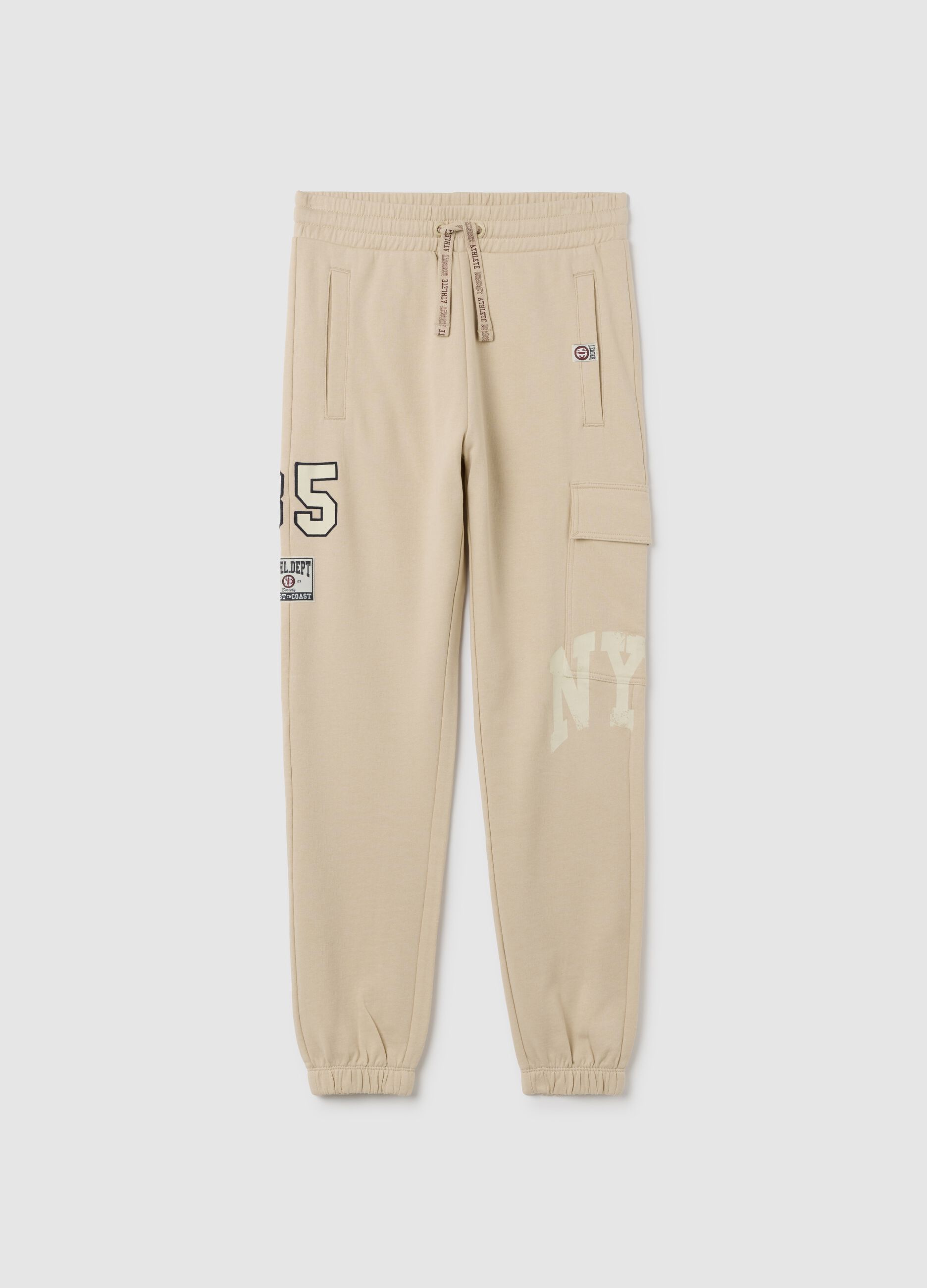 Boy's beige regular fit pure cotton joggers
