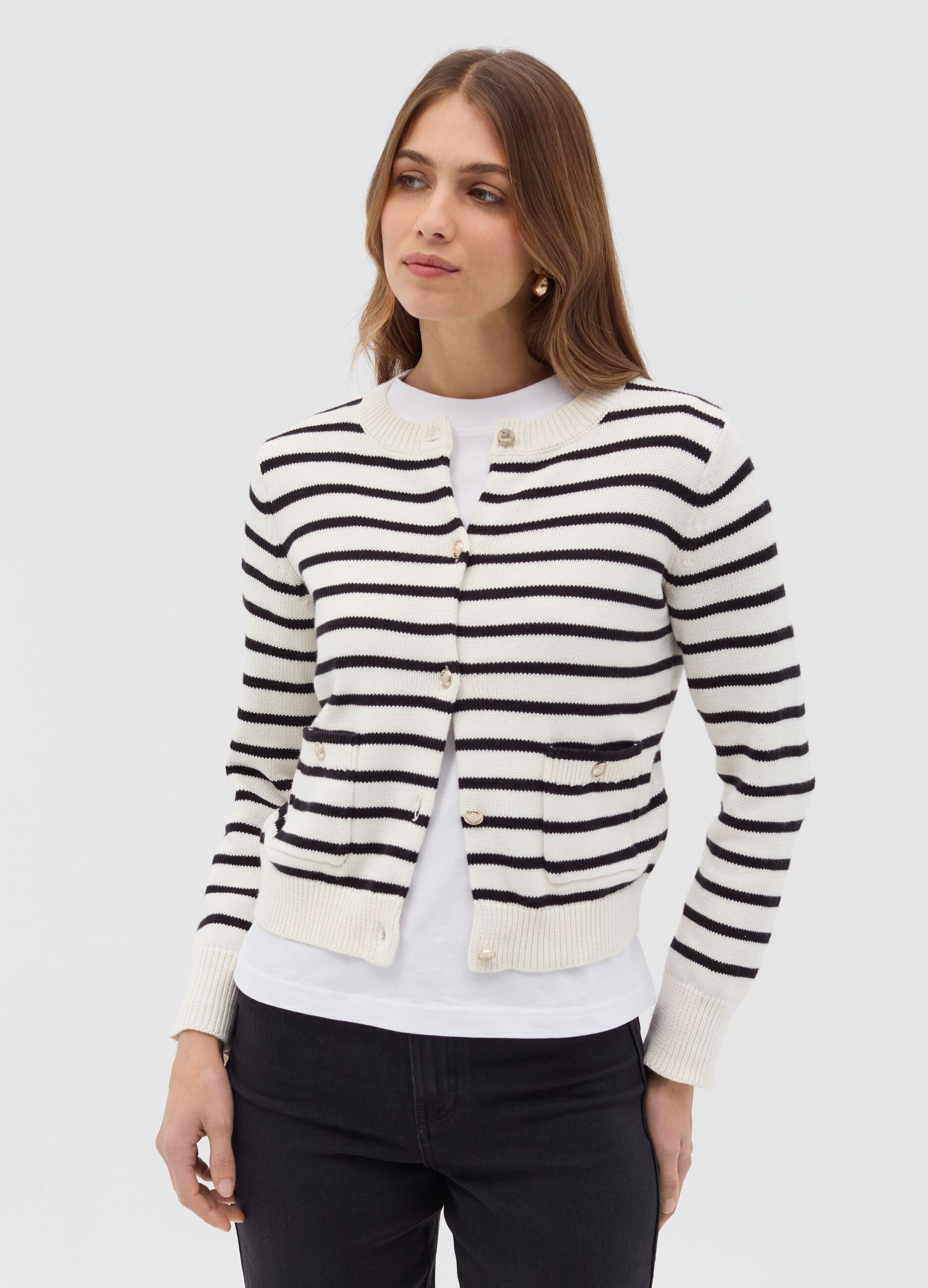 Striped cardigan with gold-coloured buttons