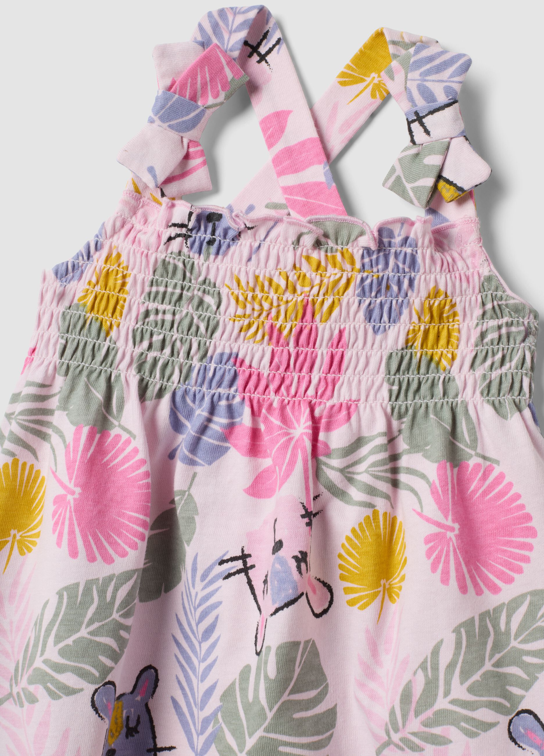 Pink pure cotton dress with tropical print