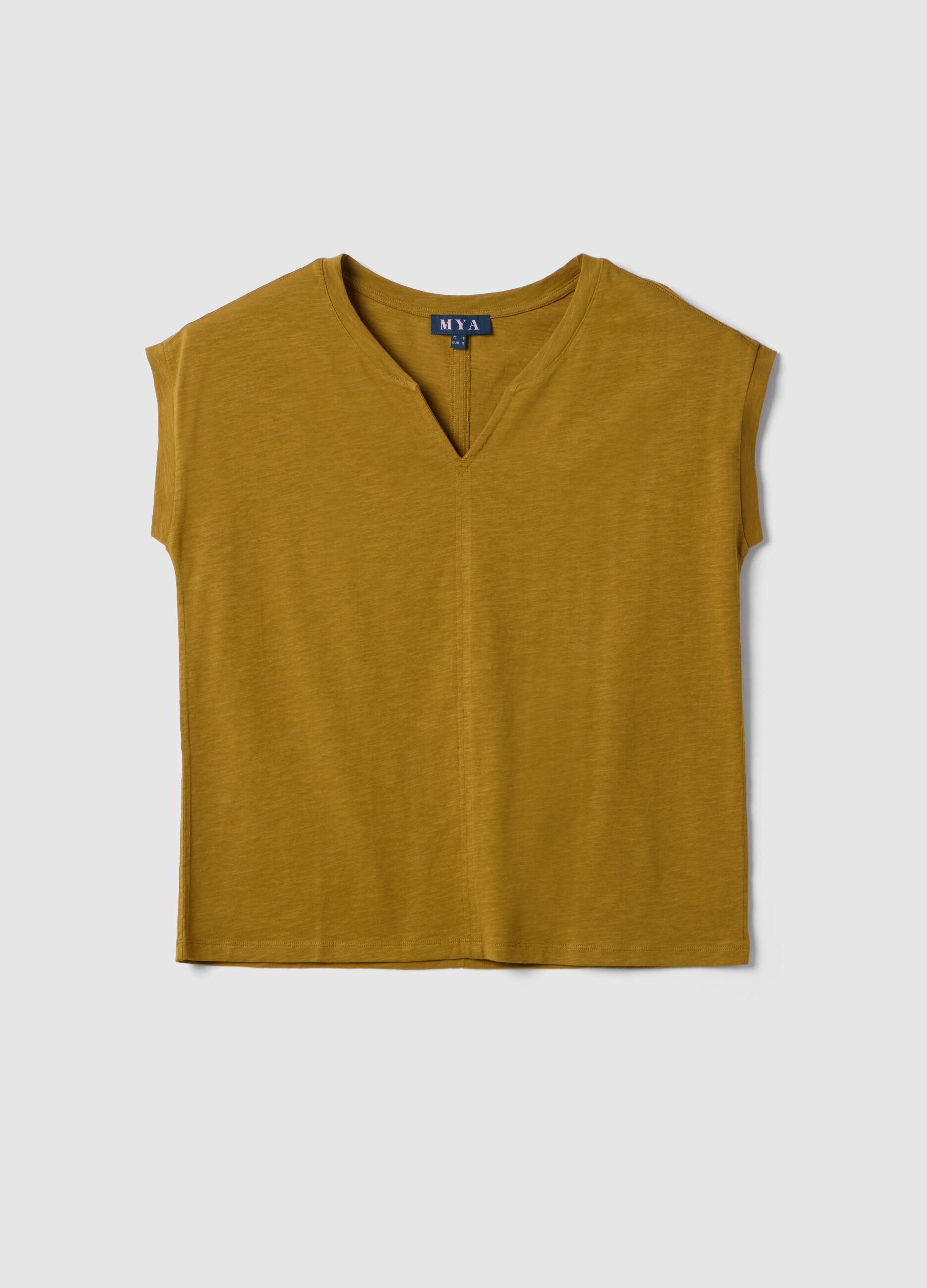 Yellow pure cotton regular fit V-neck T-shirt