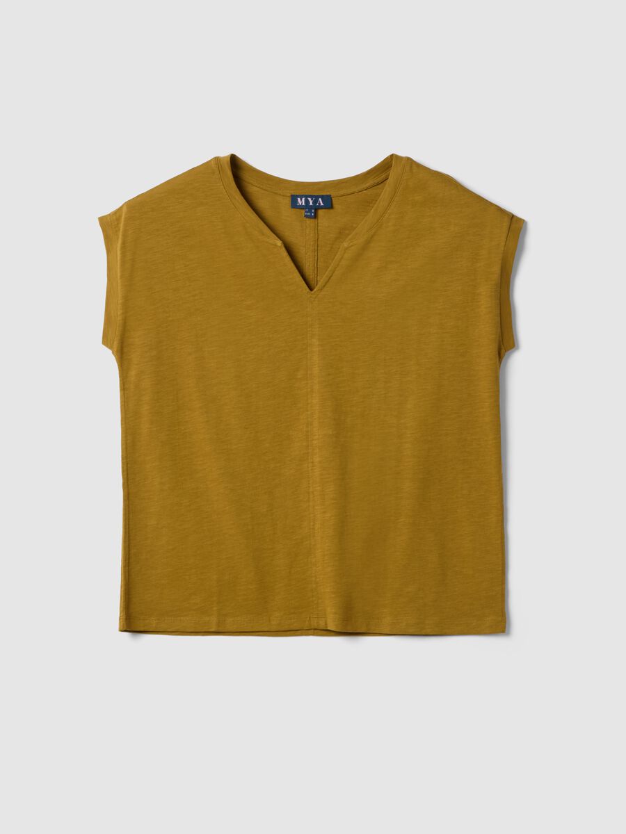 Yellow pure cotton regular fit V-neck T-shirt_0
