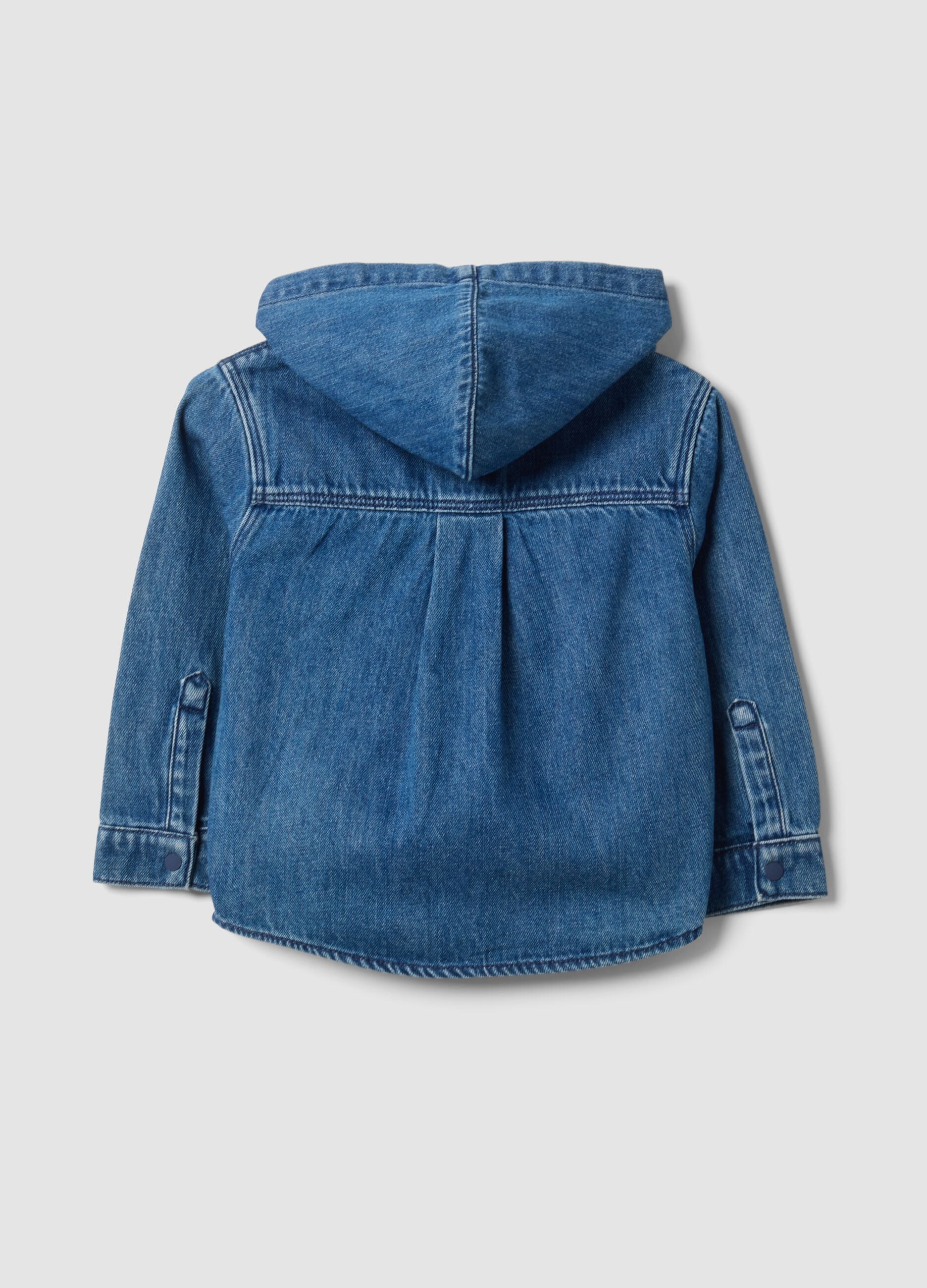 Blue denim shacket with hood in cotton and viscose blend for boys