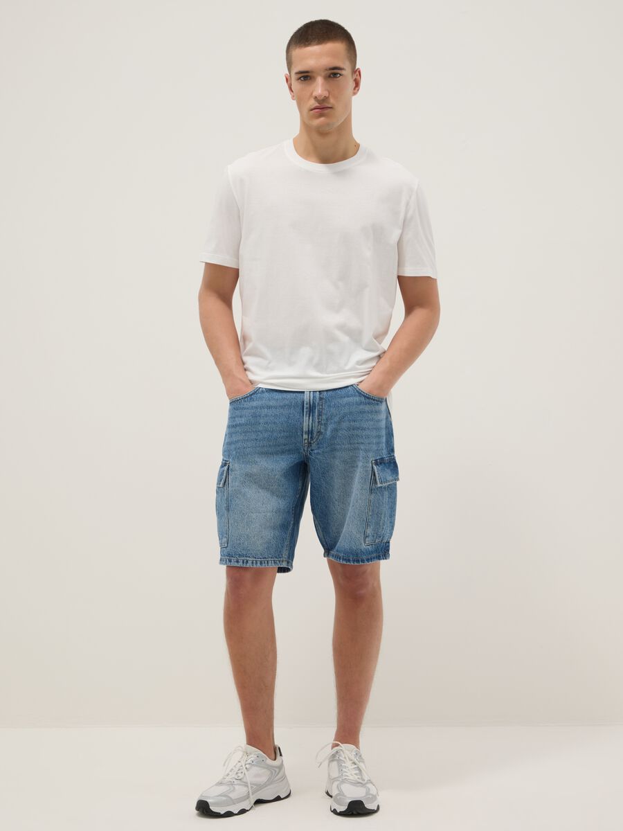 Regular-fit pure cotton blue denim Bermuda shorts_0