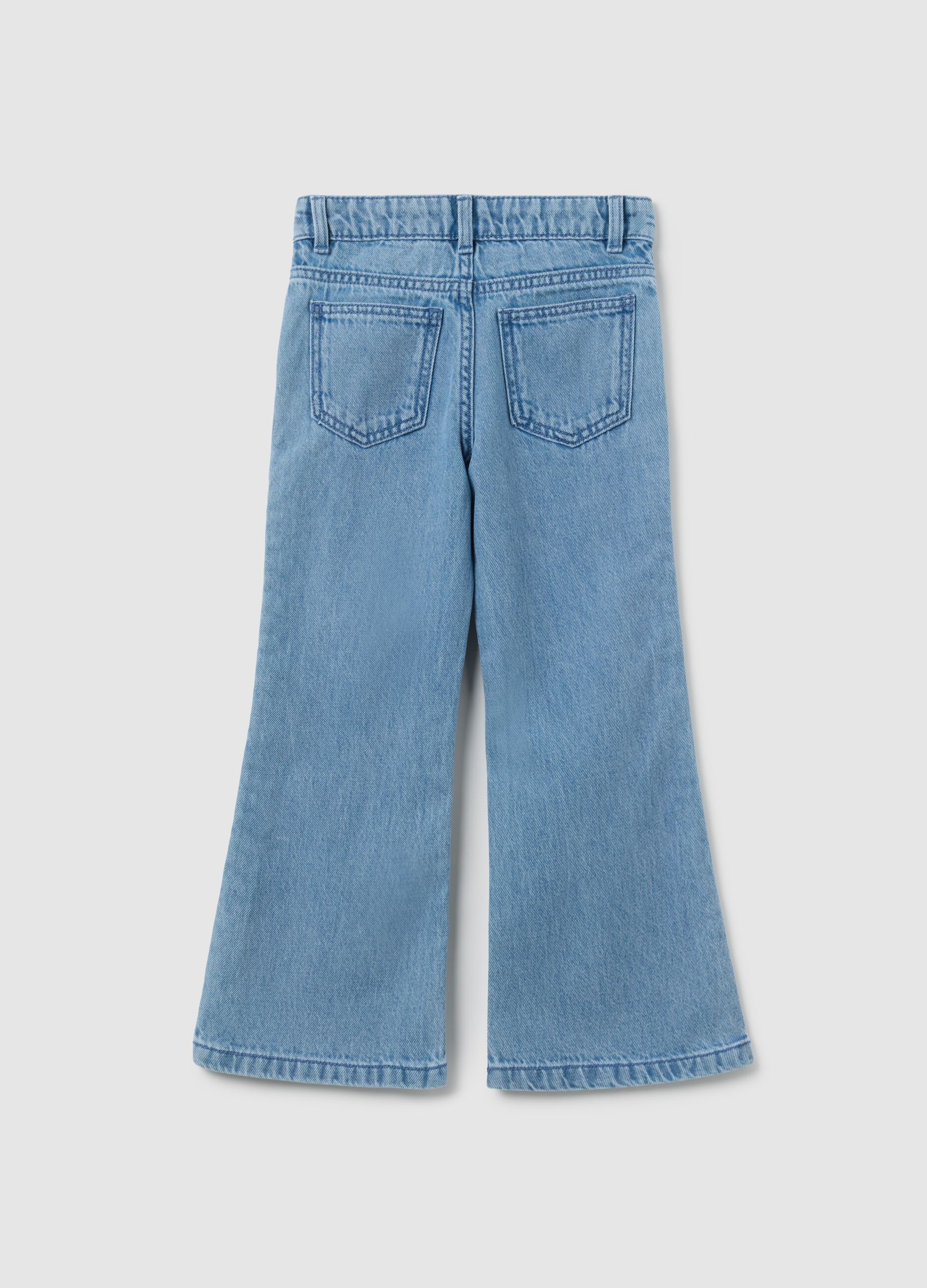 Jeans da ragazza in puro cotone azzurro flare con trecce