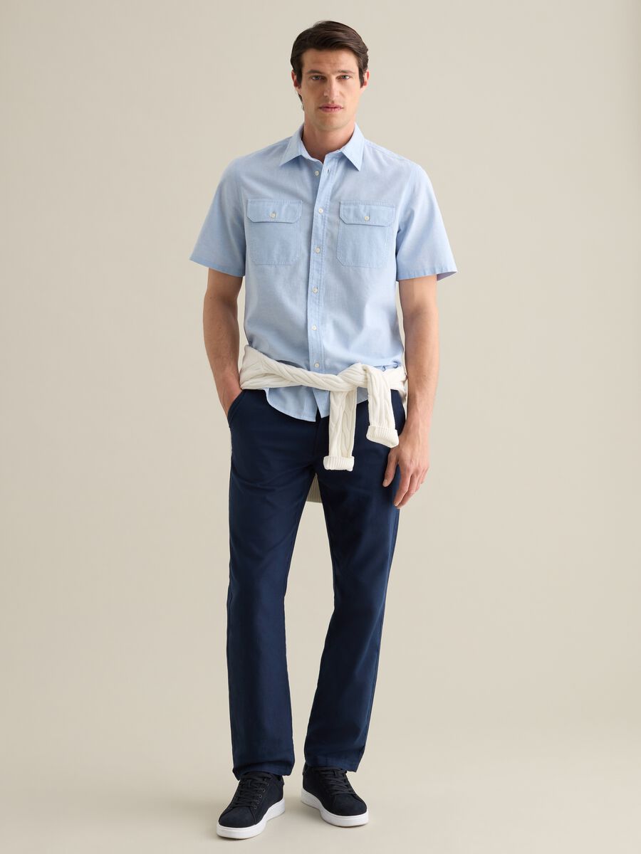 Short-Sleeved Blue Shirt in Cotton and Linen_1
