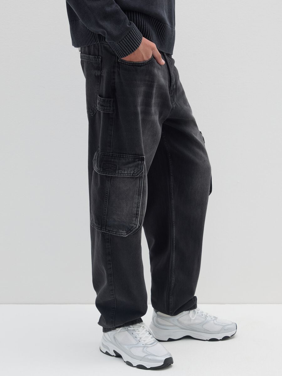 Jeans baggy in puro cotone neri con tasche cargo_3