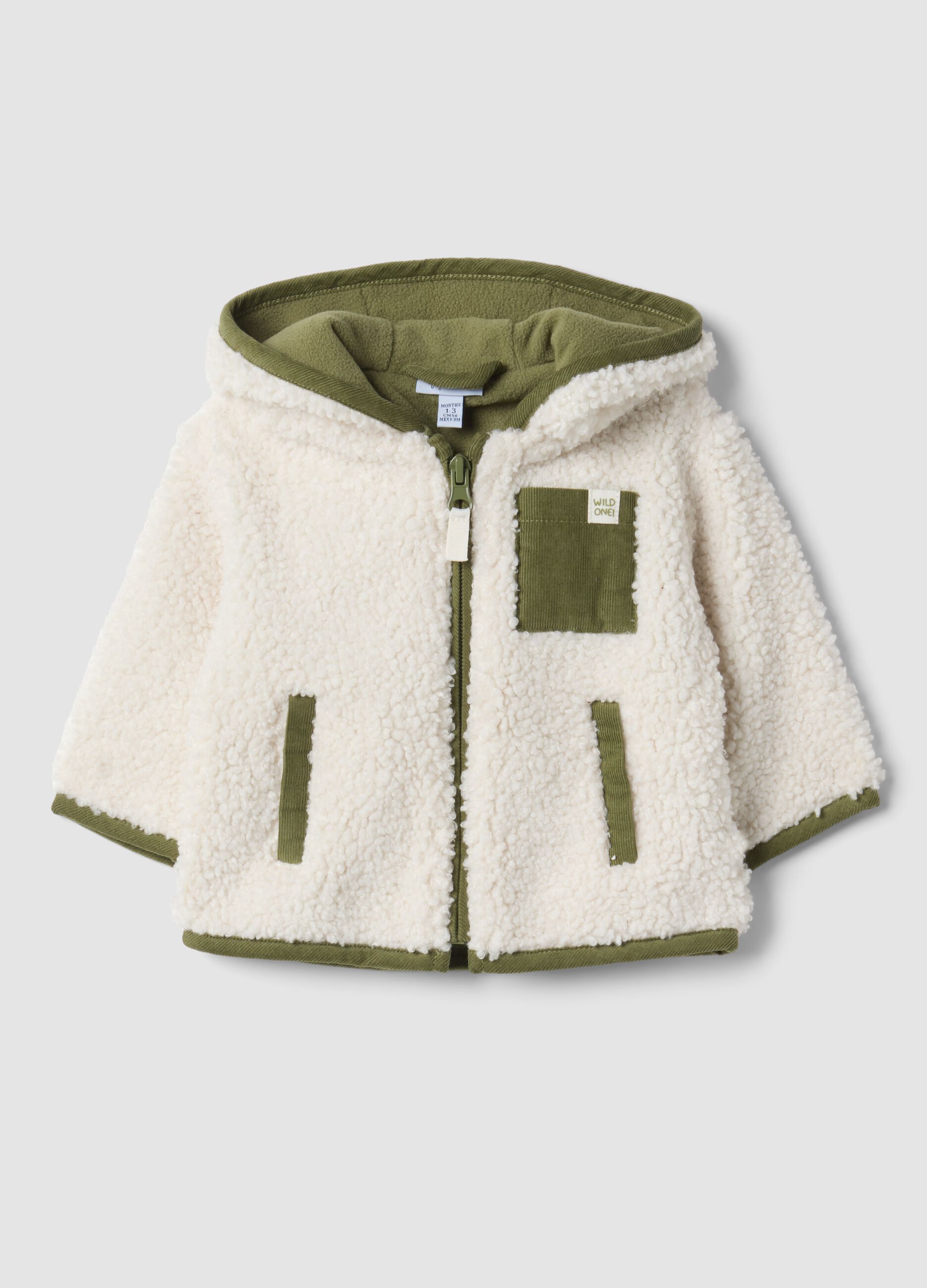 White padded teddy jacket with hood and zip