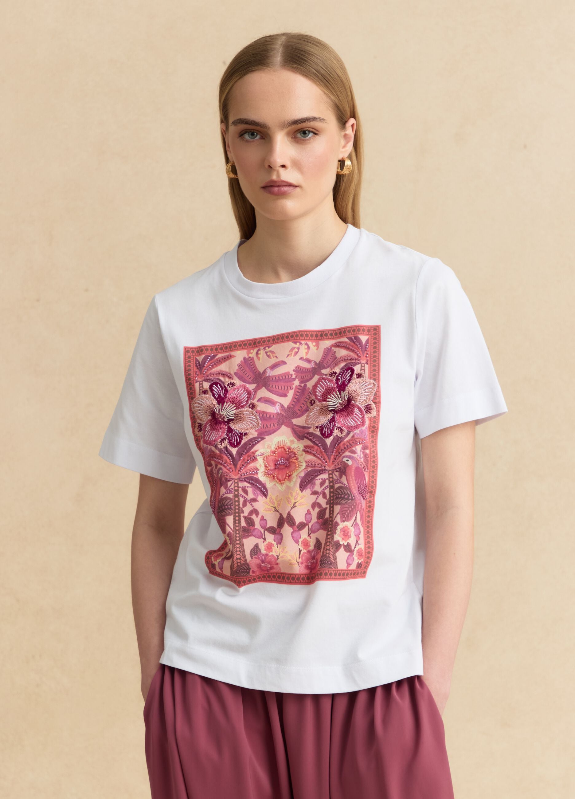 White pure cotton T-shirt with floral print