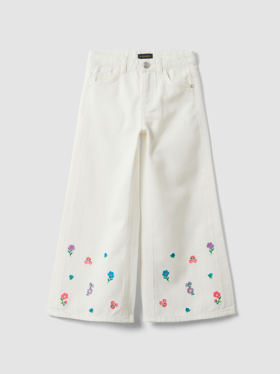 Pantaloni in puro cotone bianchi da bambina wide leg con fiori_3