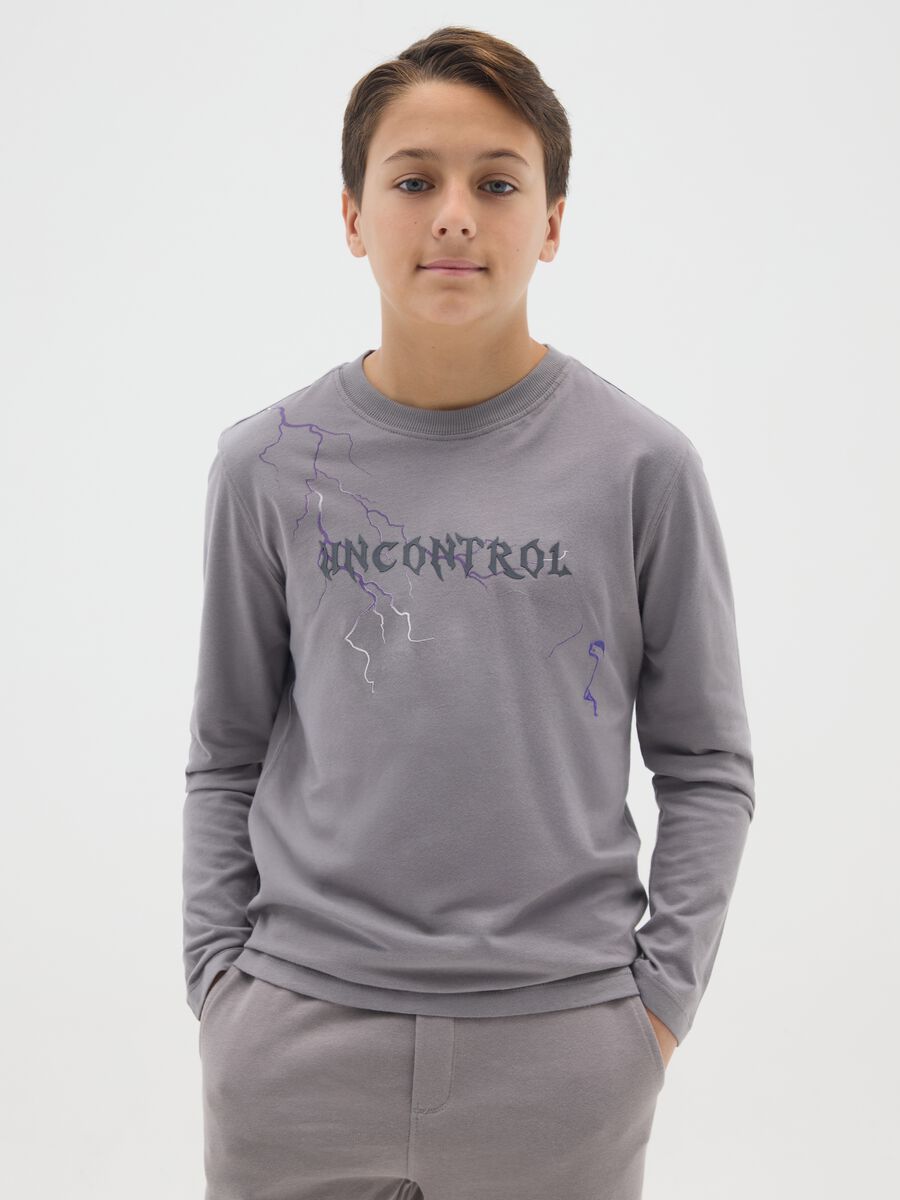 T-shirt grigia da ragazzo in puro cotone over fit con stampa_0
