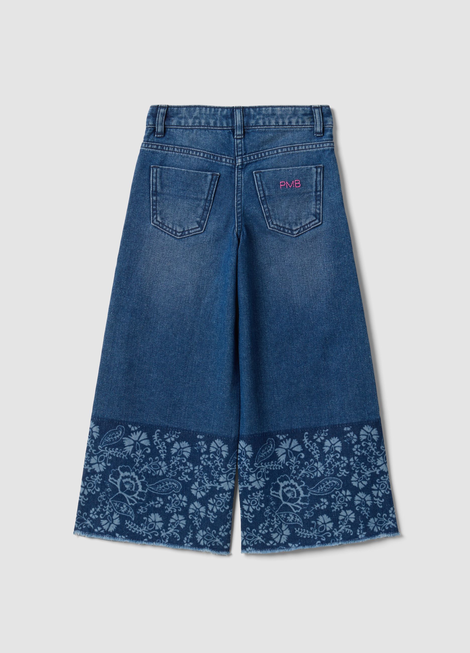 Blue wide-leg pure cotton jeans with floral print for girls