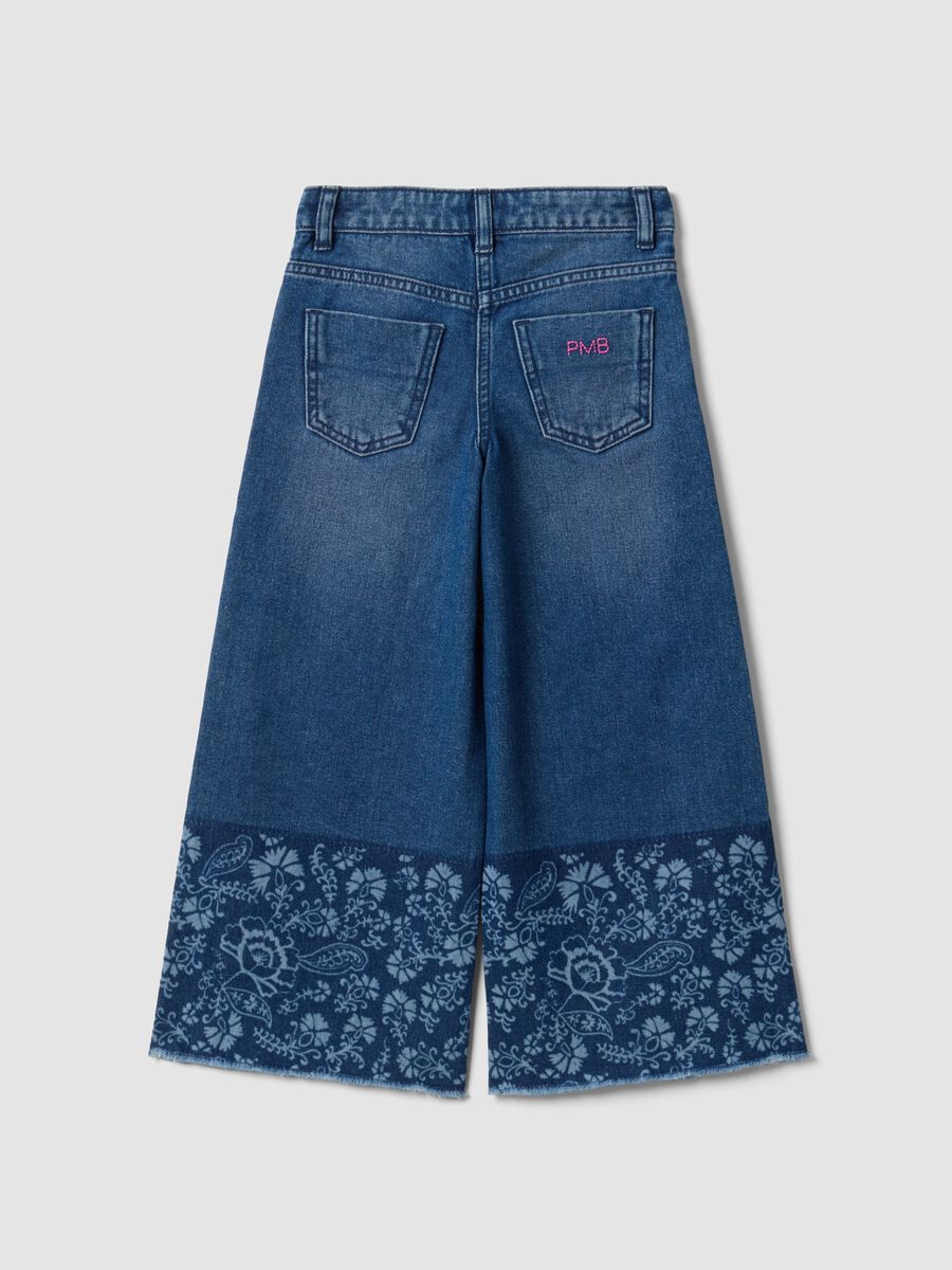 Blue wide-leg pure cotton jeans with floral print for girls_5
