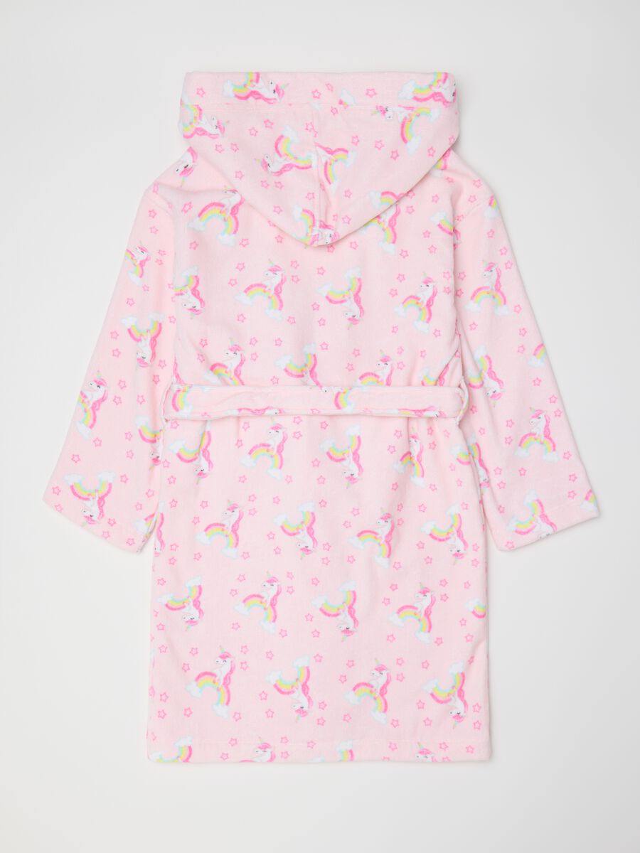 Pink bathrobe with hood and unicorns print_1