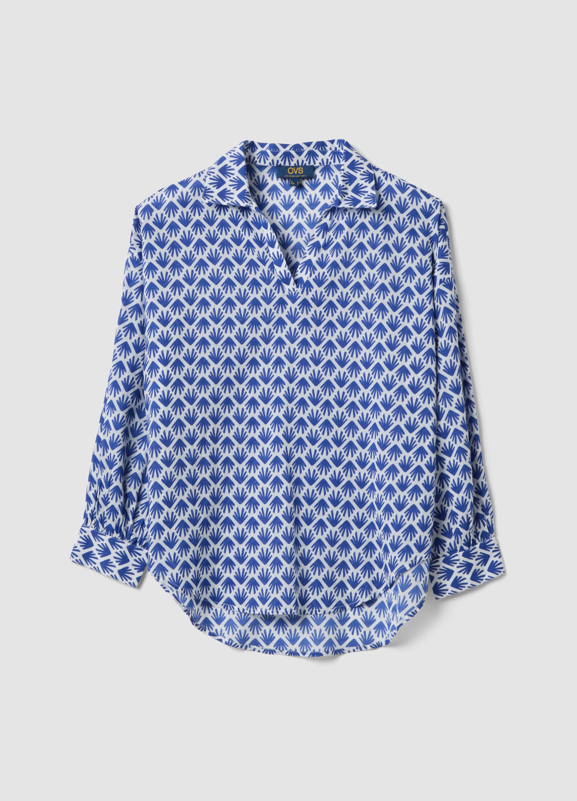 Camicia in puro cotone multicolor con fantasia e collo a V