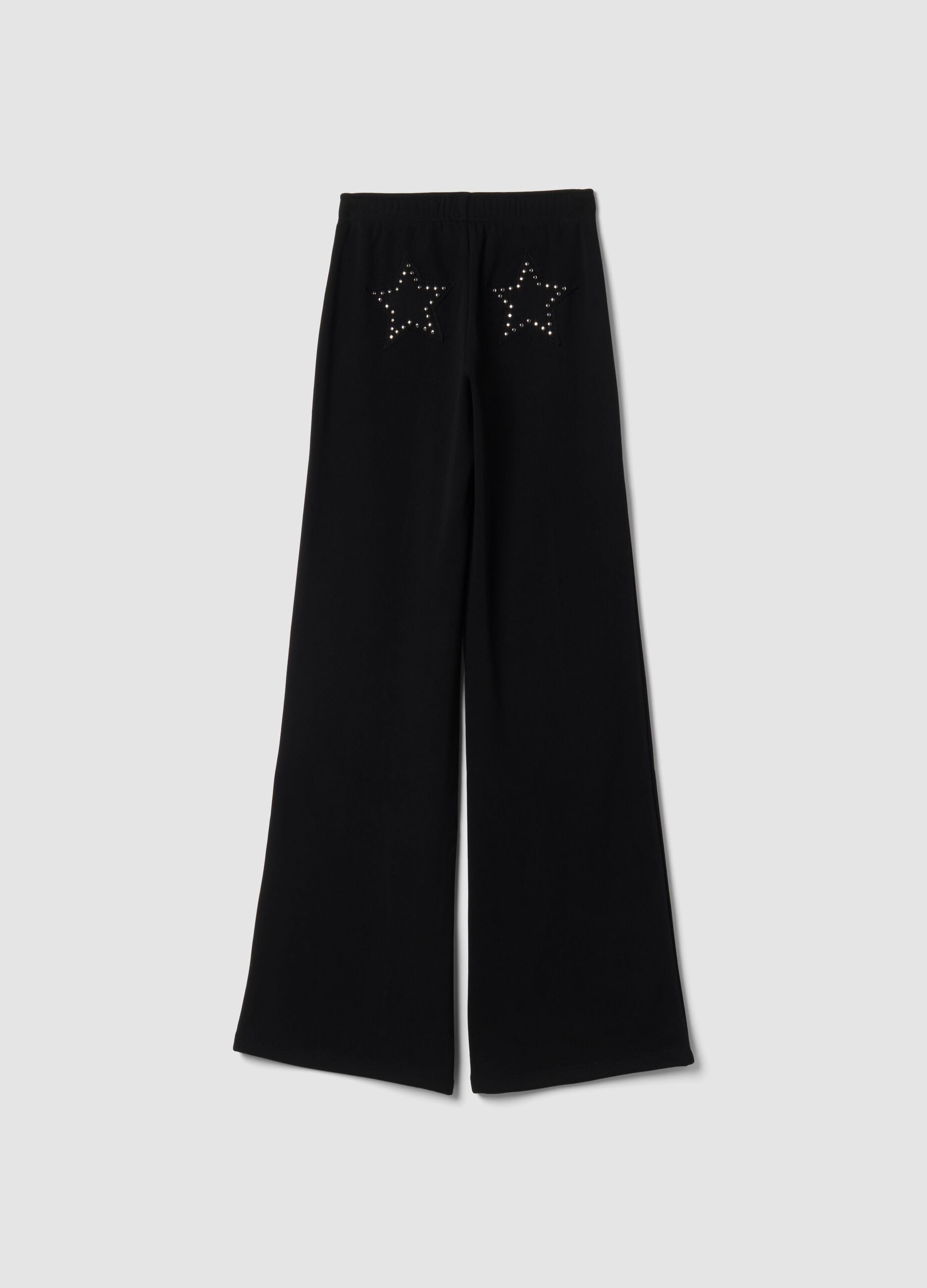 Pantaloni flare neri in viscosa elasticizzata con strass
