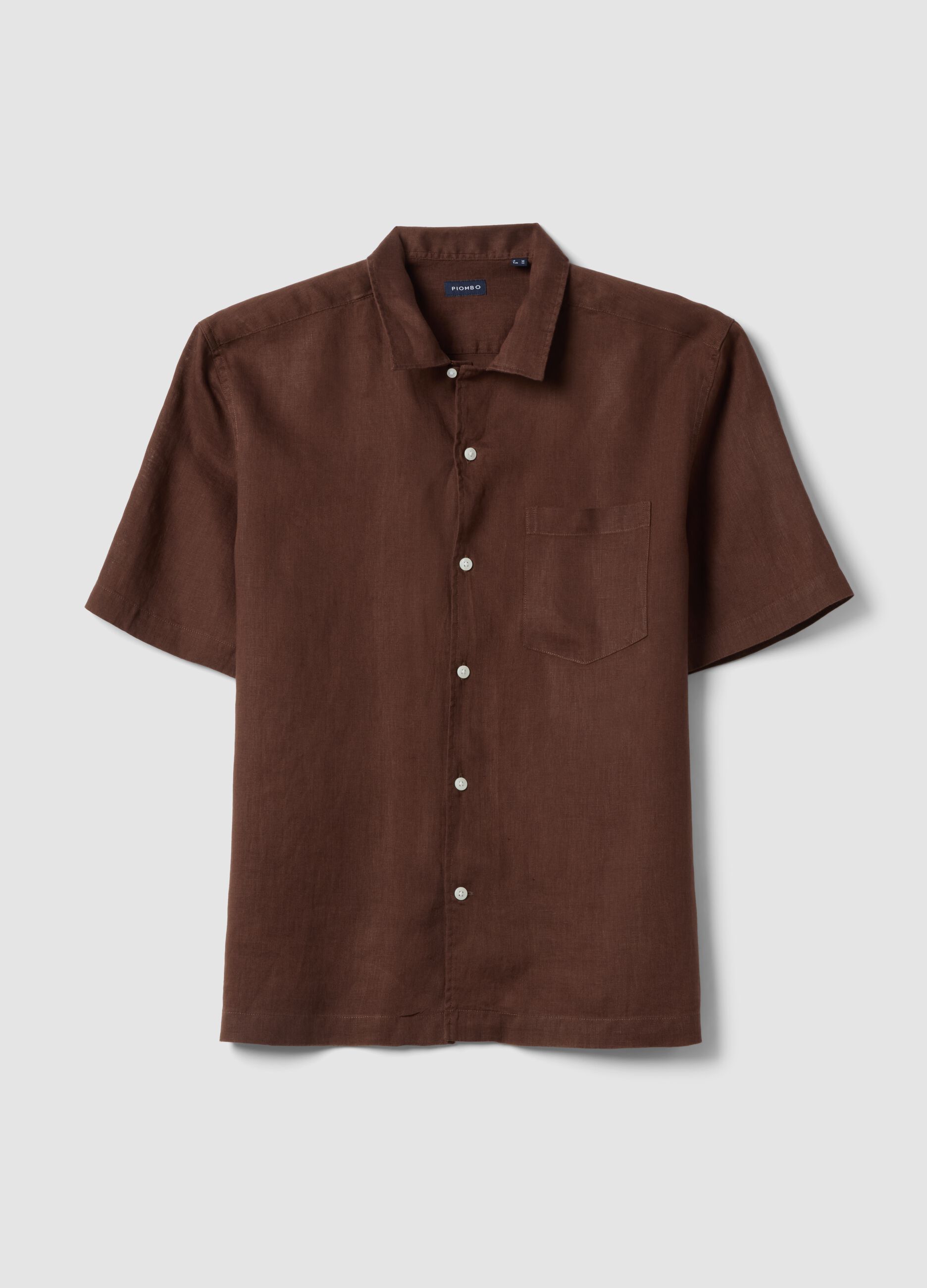 Brown short sleeve pure linen regular fit shirt