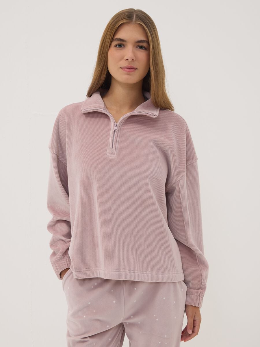 Pink stretch jersey top with zip neck_1
