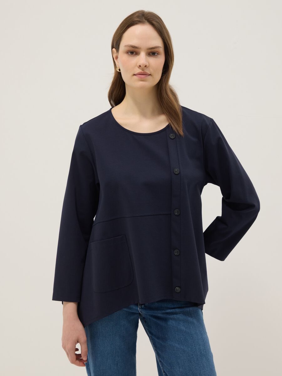 Blusa blu con bottoni in cotone elasticizzato regular fit_0